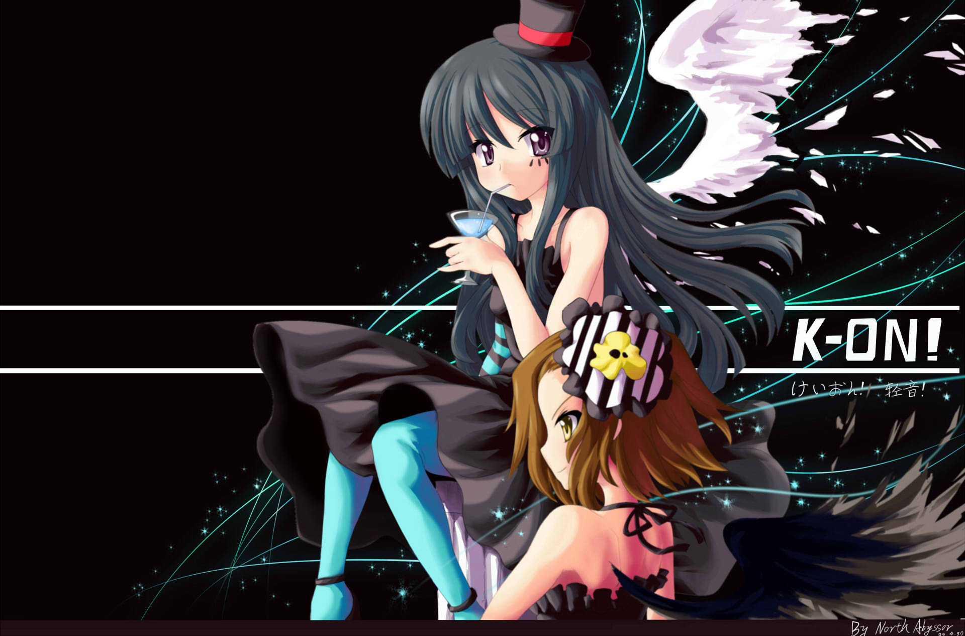 north abyssor, akiyama mio, tainaka ritsu, don't say "lazy", k-on!, highres, 00s, 2girls, black eyes, black hair, blue pantyhose, brown eyes, brown hair, dress, drink, drinking, drinking straw, facepaint, hat, long hair, mini hat, mini top hat, multiple girls, pantyhose, short hair, top hat, wings