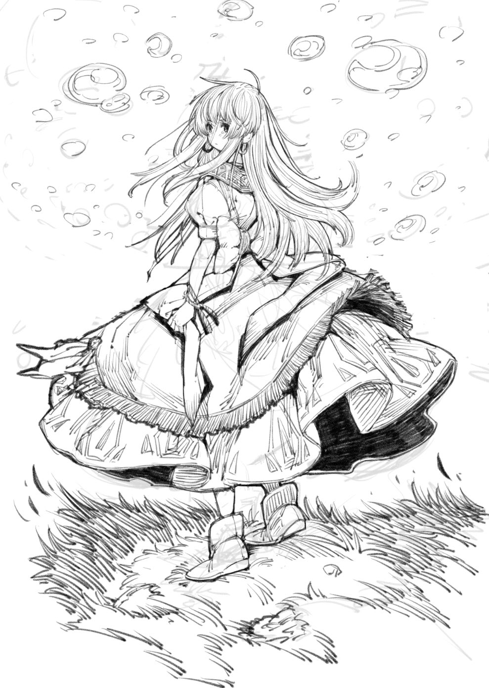 elle (tenchi souzou), tenchi souzou, commentary request, highres, 1girl, air bubble, ankle boots, back bow, boots, bow, bubble, dress, earrings, full body, greyscale, hoop earrings, jewelry, long dress, long hair, looking to the side, monochrome, puffy short sleeves, puffy sleeves, saikin san, short sleeves, sidelocks, simple background, sketch, standing, white background, wind