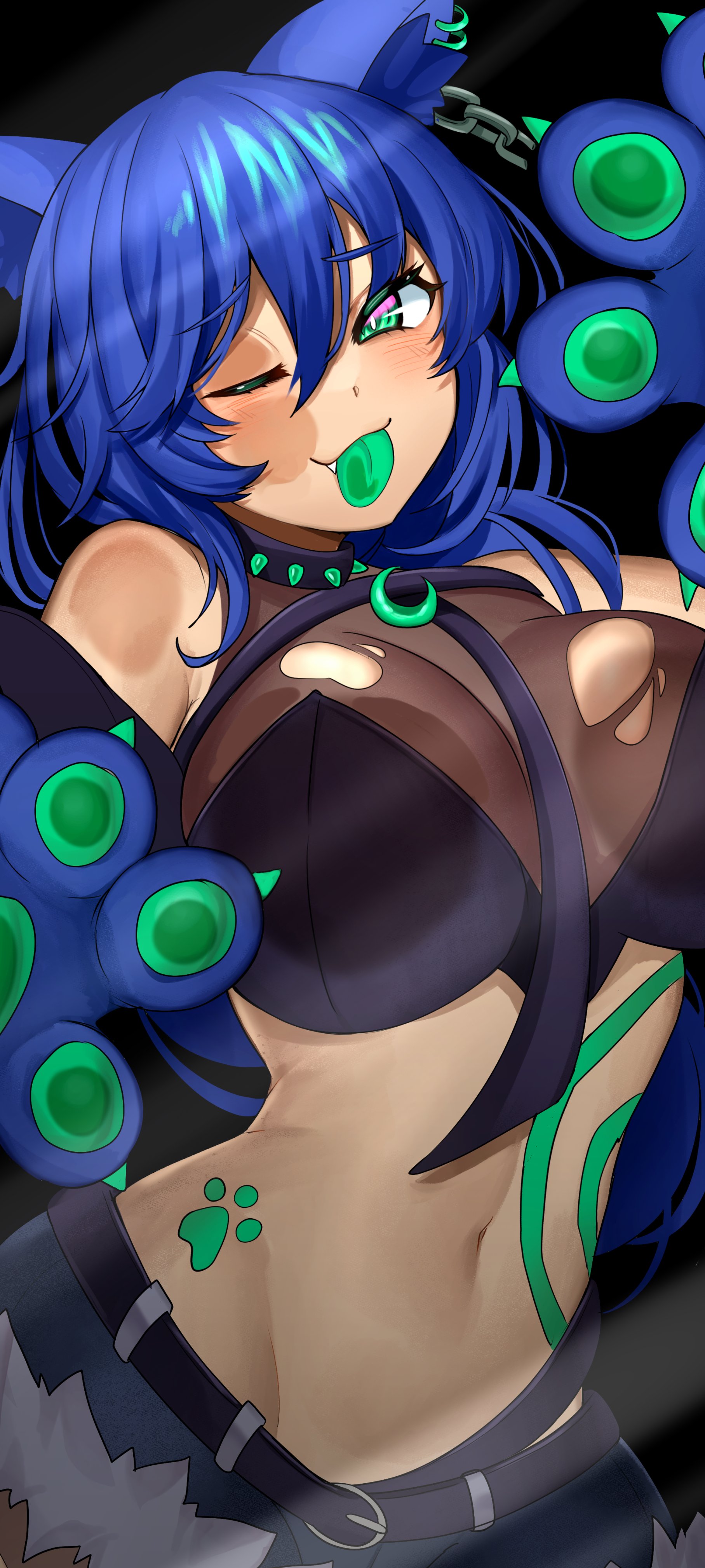 leiden yaegore, original, absurdres, commentary, english commentary, highres, 1girl, against glass, animal ear fluff, animal ears, animal hands, bare shoulders, black background, black bra, black choker, blue hair, bra, breasts, cat ears, cat girl, choker, choppy bangs, colored tongue, cowboy shot, crescent ornament, crop top, gloves, green eyes, green tongue, hair between eyes, large breasts, long hair, looking at viewer, navel, one eye closed, paw gloves, paw print, paw tattoo, simple background, smile, solo, spiked choker, spikes, stomach, stomach tattoo, tattoo, tongue, tongue out, torn clothes, underwear
