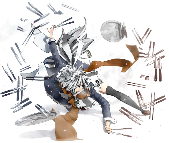 yanomasashi, inu sakuya (nejikirio), izayoi sakuya, perfect cherry blossom, touhou, silver hair, 1girl, animal ears, blue eyes, braid, dog ears, dog tail, female focus, hairband, kemonomimi mode, knife, mouth hold, scarf, short hair, solo, tail, thighhighs, tray, twin braids