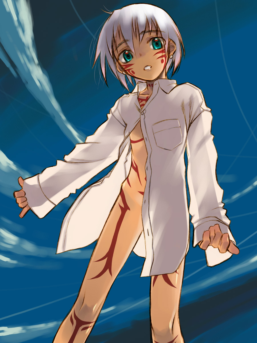 nakamura tetsuya, irezumi-san (ozka), original, bad id, bad pixiv id, highres, 1girl, aqua eyes, bodypaint, dress shirt, facepaint, female focus, full-body tattoo, grey hair, naked shirt, no bra, no panties, open clothes, open shirt, shirt, short hair, solo, tattoo