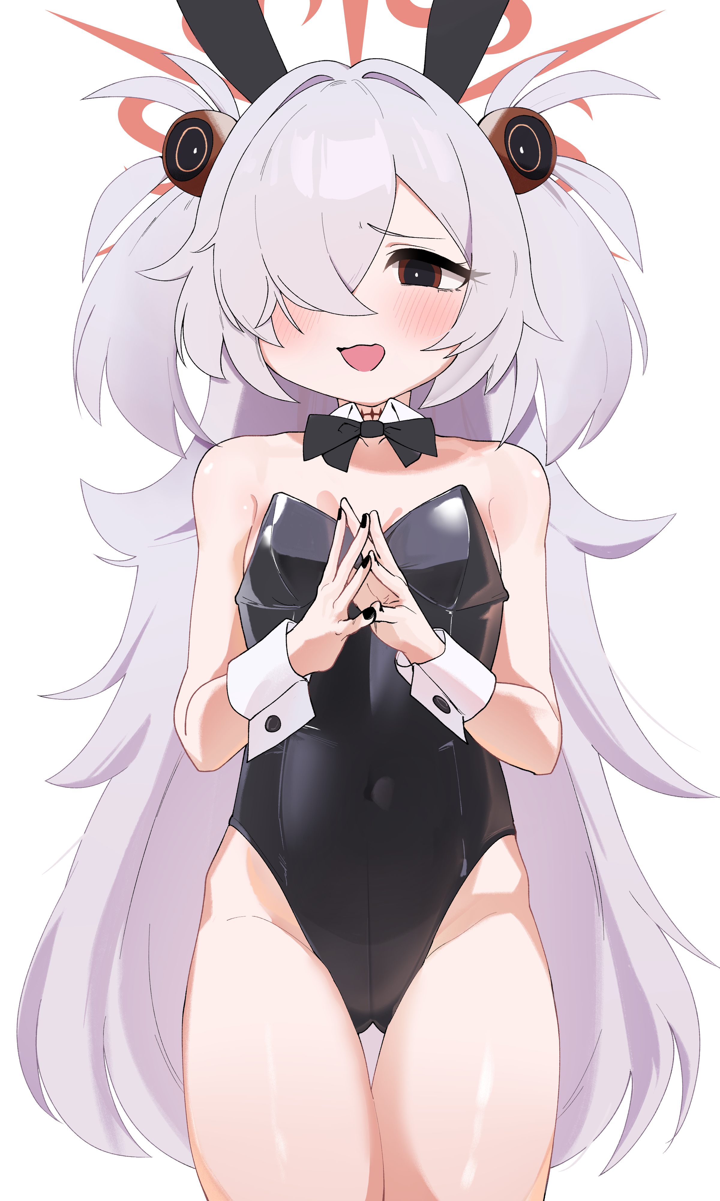 rinki (rink2), kanoe (blue archive), blue archive, absurdres, highres, 1girl, animal ears, bare hips, bare legs, bare shoulders, black choker, black eyes, black nails, bow, bowtie, breasts, bright pupils, brown eyes, cameltoe, choker, clothing cutout, detached collar, fake animal ears, finger touching, fingernails, flat chest, grey hair, hair bobbles, hair intakes, hair ornament, light blush, loli, long hair, messy hair, mojyo, multicolored eyes, navel cutout, open mouth, playboy bunny, shiny skin, short twintails, simple background, small breasts, solo, thighs, twintails, two-tone eyes, white background, wrist cuffs