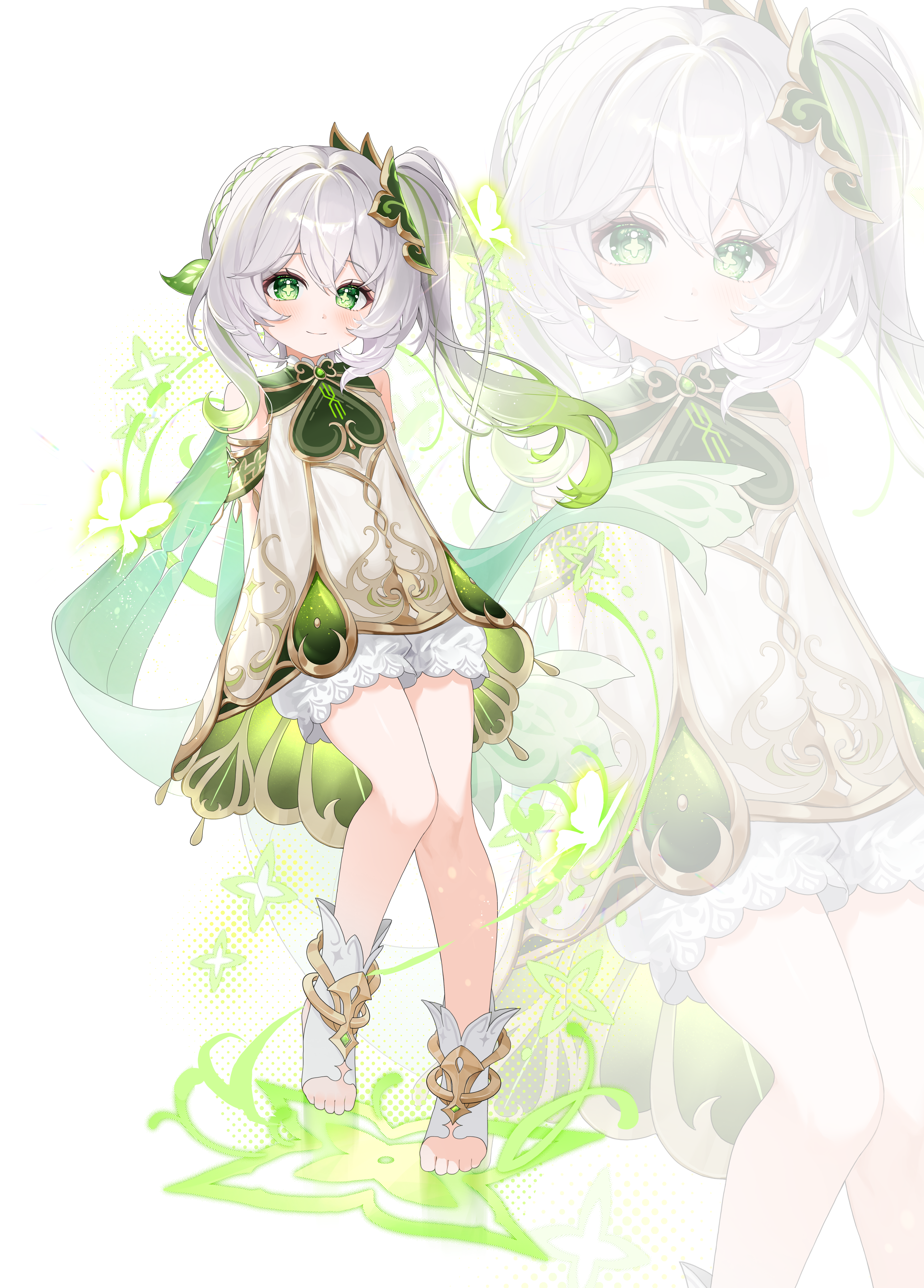 hamo (miyo rmo2), nahida (genshin impact), genshin impact, absurdres, commentary, english commentary, highres, 1girl, arms behind back, bare shoulders, blush, cape, closed mouth, detached sleeves, dress, full body, gold trim, gradient hair, green cape, green eyes, green hair, green sleeves, hair between eyes, hair ornament, leaf hair ornament, long hair, looking at viewer, multicolored hair, pointy ears, side ponytail, simple background, sleeveless, sleeveless dress, smile, stirrup legwear, symbol-shaped pupils, toeless legwear, toes, white background, white dress, white hair, zoom layer