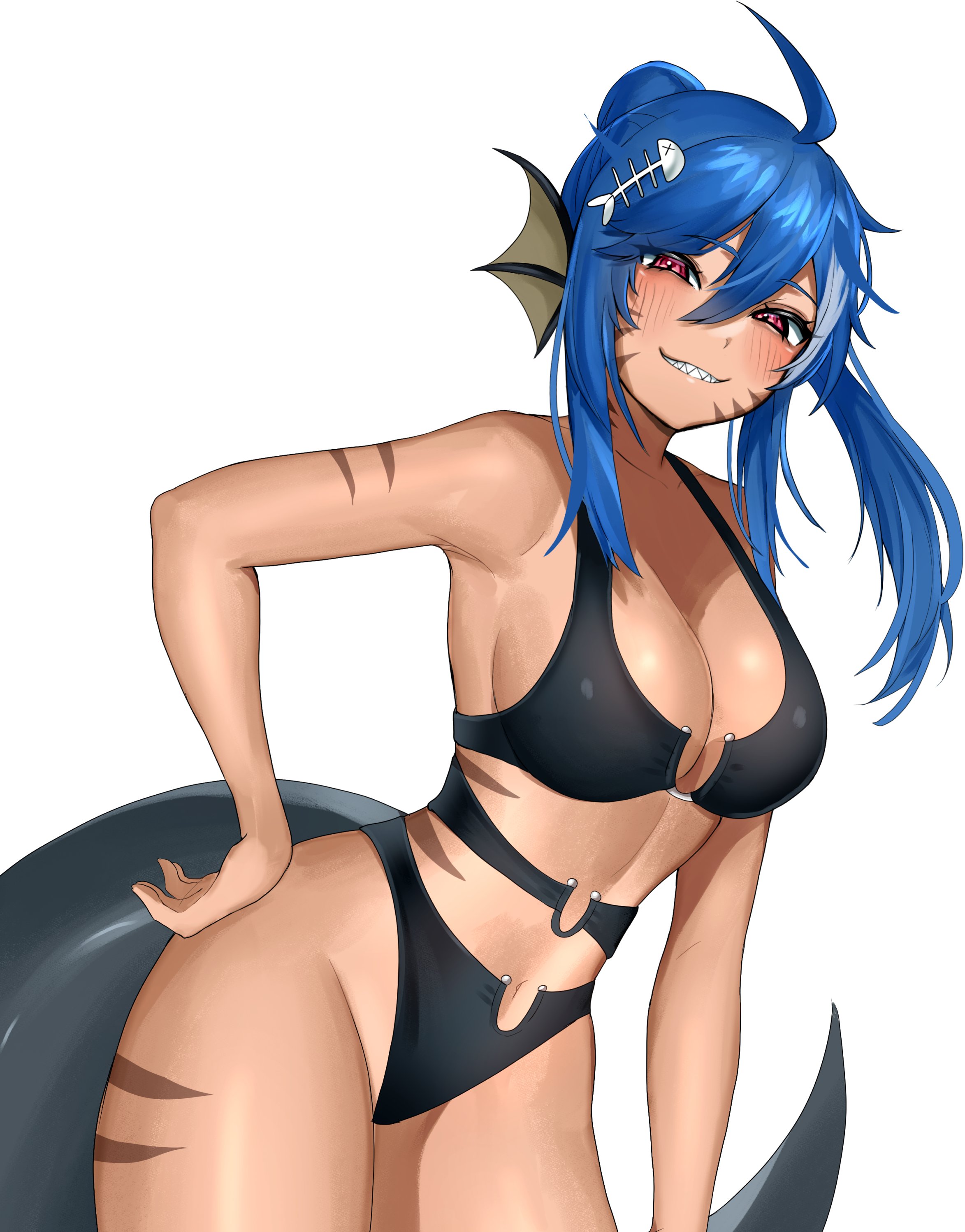 leiden yaegore, original, absurdres, commentary, commission, english commentary, highres, 1girl, ahoge, bikini, black bikini, blue hair, blush, breasts, cowboy shot, double-parted bangs, fins, fish skeleton hair ornament, fish tail, hair between eyes, hand on own hip, head fins, large breasts, long hair, looking at viewer, pink eyes, ponytail, sharp teeth, sidelocks, simple background, smile, solo, swimsuit, tail, teeth, white background