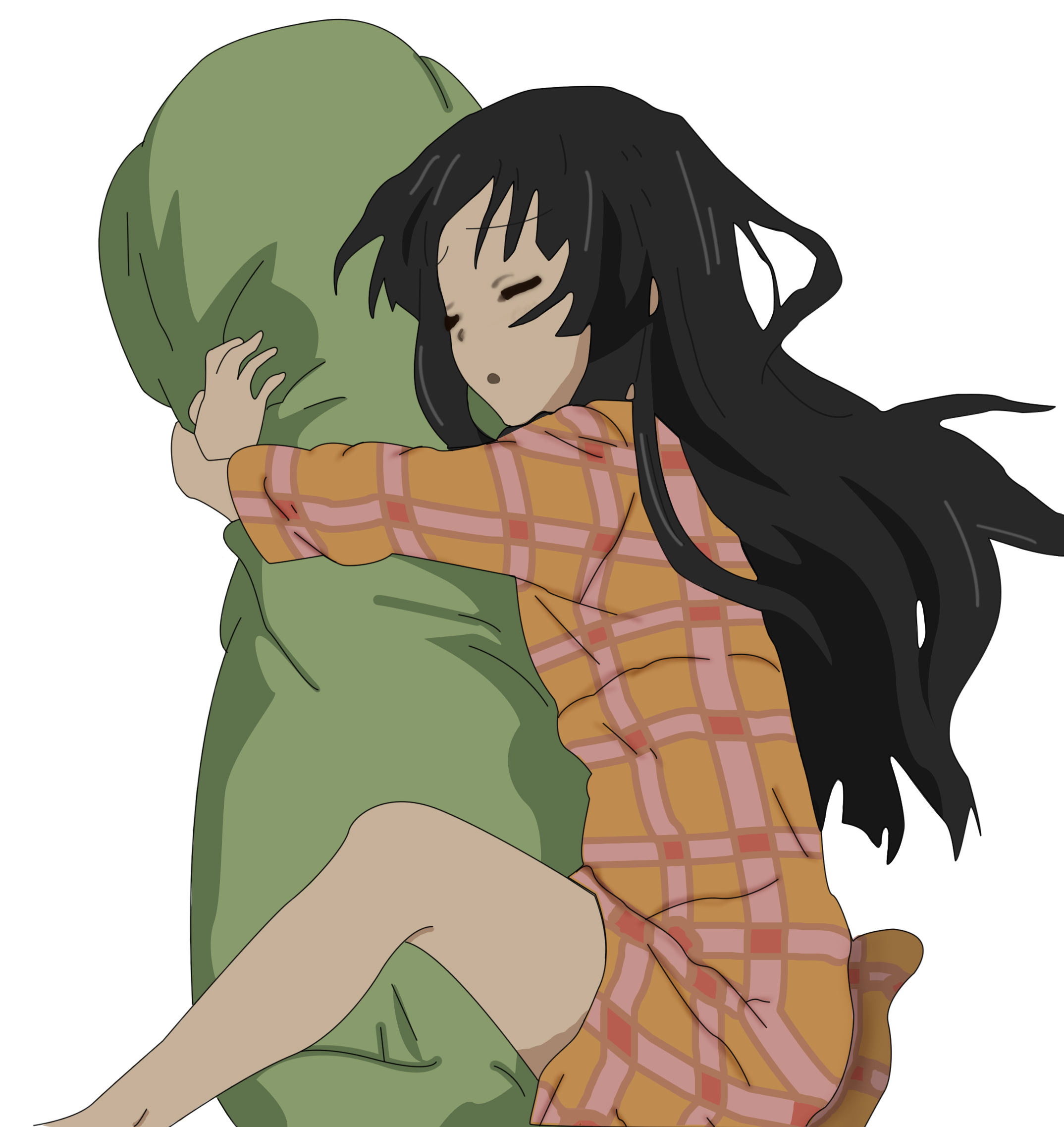akiyama mio, k-on!, highres, 00s, 1girl, bed, crotch rub, female focus, hug, hugging object, pajamas, pillow, pillow hug, simple background, sleeping, solo