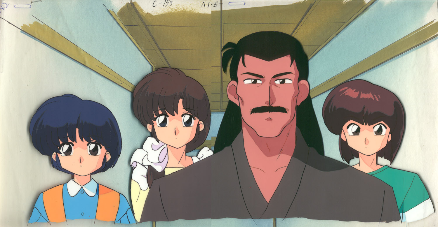 tendou akane, tendou kasumi, tendou nabiki, tendou souun, ranma 1/2, 1990s (style), 1boy, 3girls, age difference, black hair, brown hair, cel, facial hair, father and daughter, long hair, multiple girls, mustache, retro artstyle, siblings, sisters
