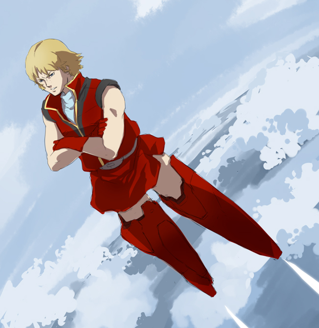 hamushima, char aznable, quattro bajeena, gundam, strike witches, world witches series, zeta gundam, 1boy, blonde hair, cloud, crossed arms, day, flying, gloves, male focus, parody, short hair, sky, solo, striker unit