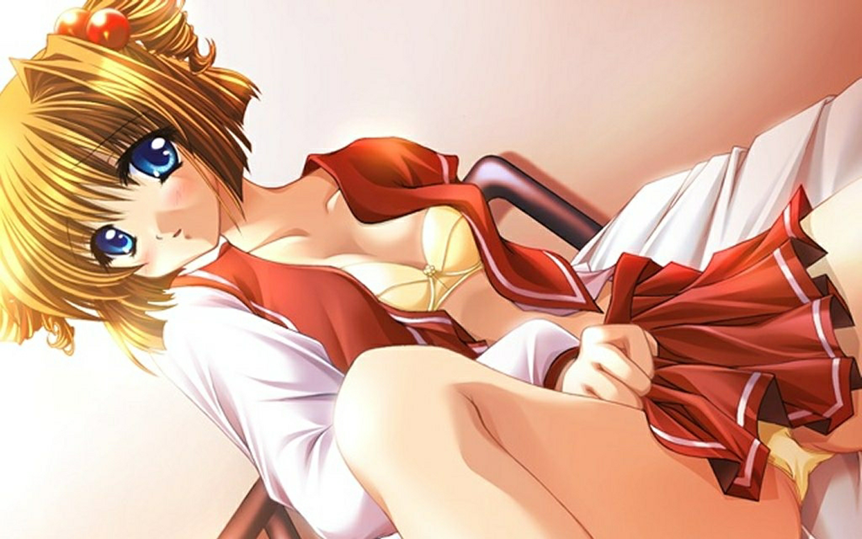highres, 1girl, bed, blonde hair, blue eyes, blush, bra, breasts, changing clothes, female focus, lingerie, naughty face, open clothes, open shirt, open skirt, panties, school uniform, serafuku, shirt, short hair, skirt, skirt tug, solo, spread legs, underwear, undressing, yellow bra, yellow panties