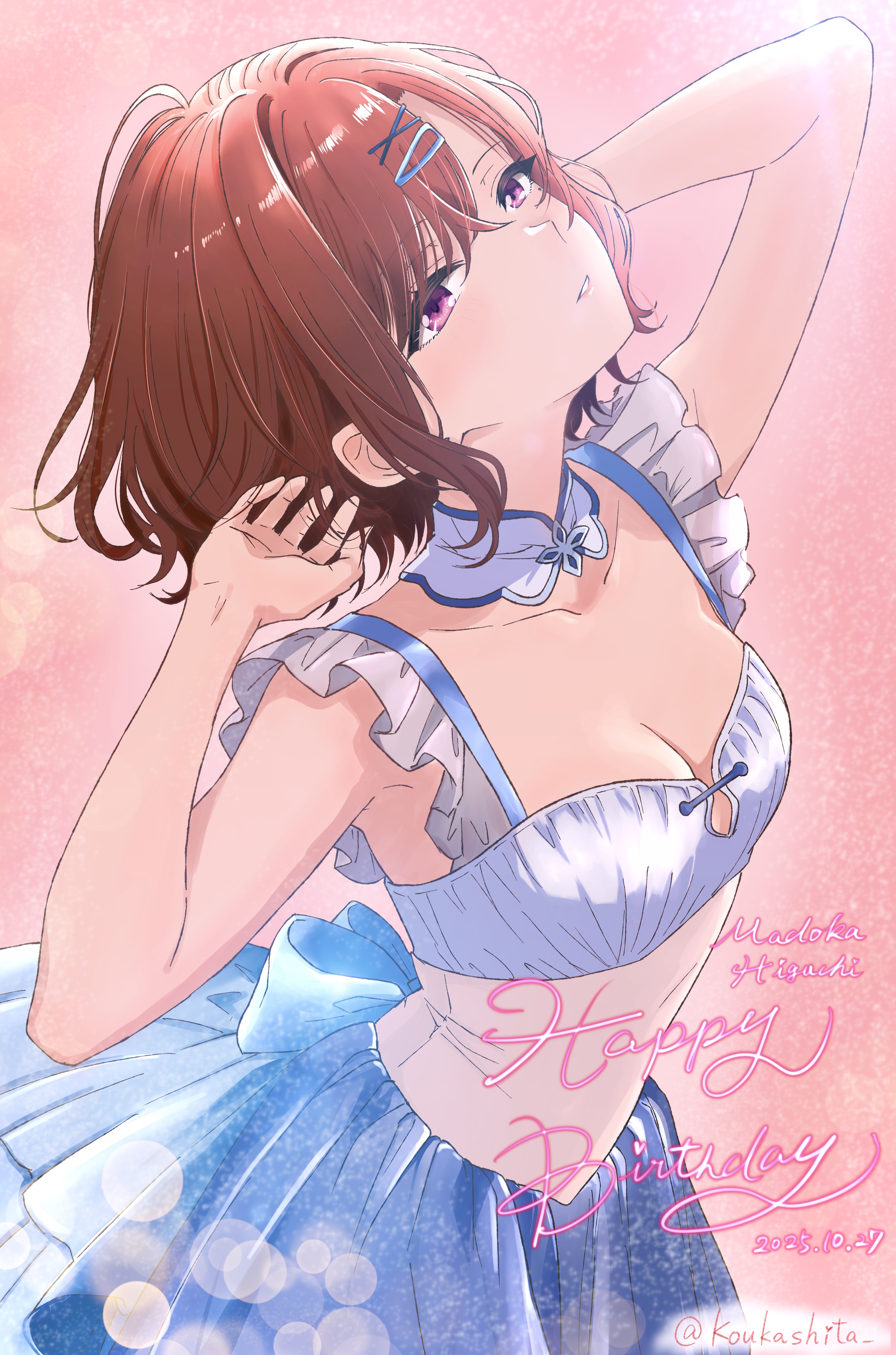 koukashita, higuchi madoka, idolmaster, idolmaster shiny colors, absurdres, highres, translated, 1girl, arm up, armpits, bare arms, bare shoulders, birthday, blue dress, breasts, brown hair, character name, cleavage, collar, collarbone, cowboy shot, dated, dress, frilled dress, frilled straps, frills, hair between eyes, hair ornament, hairclip, happy birthday, head tilt, medium breasts, mole, mole under eye, parted lips, purple eyes, short hair, sleeveless, sleeveless dress, solo, twitter username, two-tone dress, white collar, white dress, x hair ornament