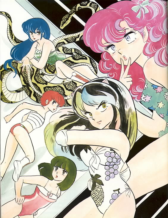 takahashi rumiko, fujinami ryuunosuke, lum, miyake shinobu, ran (urusei yatsura), sakura (urusei yatsura), urusei yatsura, 5girls, casual one-piece swimsuit, cone horns, horns, long hair, multiple girls, one-piece swimsuit, sarashi, snake, swimsuit