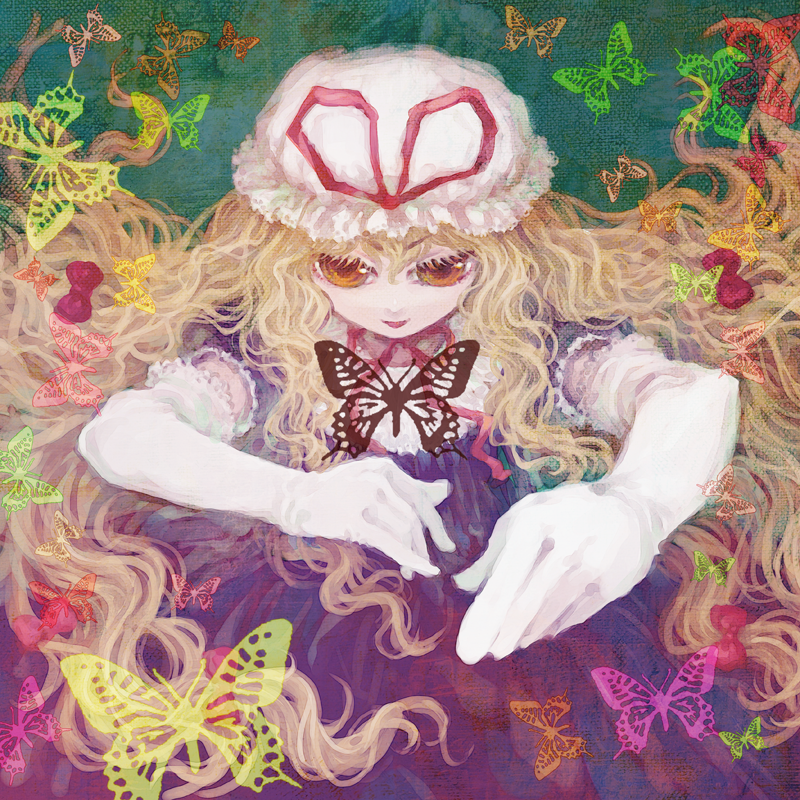 mashiko hiromi, yakumo yukari, touhou, 1girl, blonde hair, bug, butterfly, elbow gloves, female focus, foreshortening, gloves, hat, insect, long hair, orange eyes, solo
