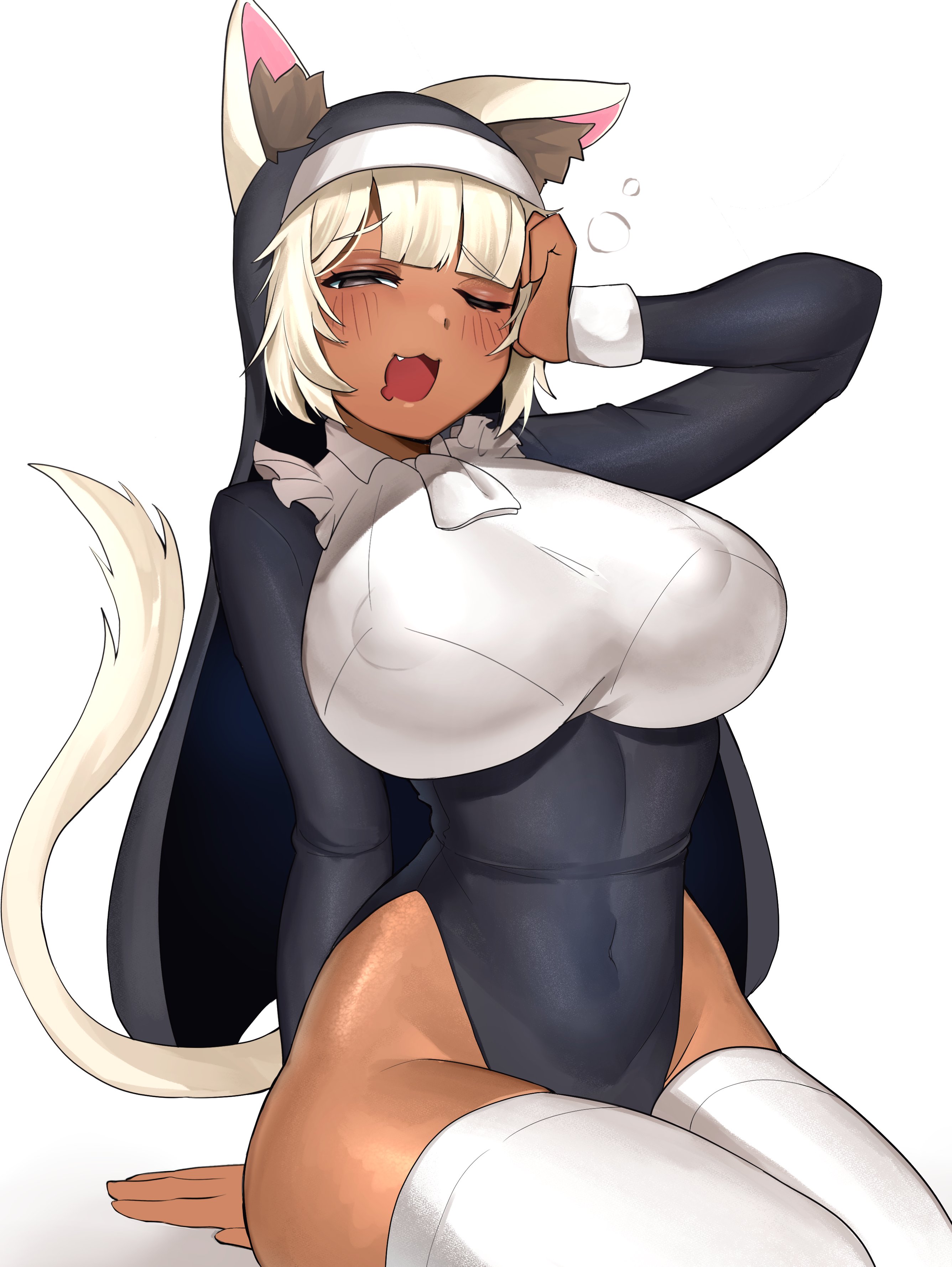 leiden yaegore, demonherd, absurdres, commentary, commission, english commentary, highres, 1girl, animal ear fluff, animal ears, black dress, black veil, breasts, cat ears, cat girl, cat tail, covered erect nipples, cowboy shot, dark-skinned female, dark skin, dress, fang, half-closed eye, hand on own face, huge breasts, long sleeves, looking at viewer, nun, one eye closed, open mouth, parted bangs, pelvic curtain, raised inner eyebrows, sasha (demonherd), shirt, short hair, simple background, sitting, sleepy, solo, squeans, tail, thighhighs, thighs, veil, white background, white hair, white shirt, white thighhighs