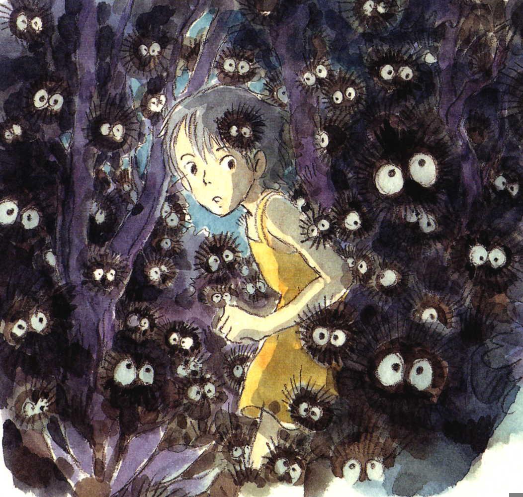 kusakabe satsuki, makkurokurosuke, susuwatari, studio ghibli, tonari no totoro, 1980s (style), 1girl, bare shoulders, dress, from side, looking at viewer, looking to the side, monster, retro artstyle, solid circle eyes, surprised, tank top, wide-eyed