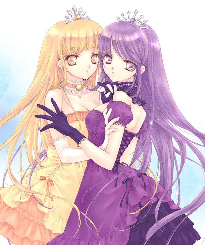 artist request, 2girls, blonde hair, dress, elbow gloves, empty eyes, frills, gloves, hug, lace, long hair, multiple girls, purple eyes, purple hair, tiara