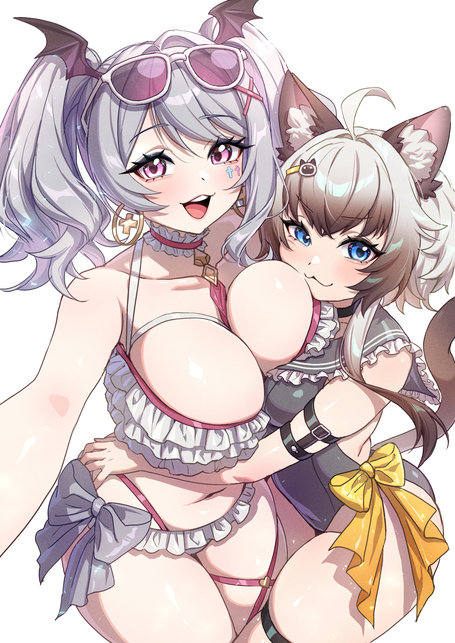 mushi aoi, aoi hinamori, indie virtual youtuber, commentary, highres, 2girls, :3, ahoge, animal ears, bikini, blue eyes, bow, breasts, brown hair, cat ears, cat girl, cat tail, earrings, eyewear on head, frilled bikini, frills, gradient hair, grey bow, grey hair, head wings, hoop earrings, hug, jewelry, large breasts, looking at viewer, multicolored hair, multiple girls, navel, one-piece swimsuit, open mouth, pink eyes, sailor collar, short hair, short hair with long locks, short twintails, small breasts, sunglasses, swimsuit, tail, twintails, virtual youtuber, white background, white hair, wings, yellow bow