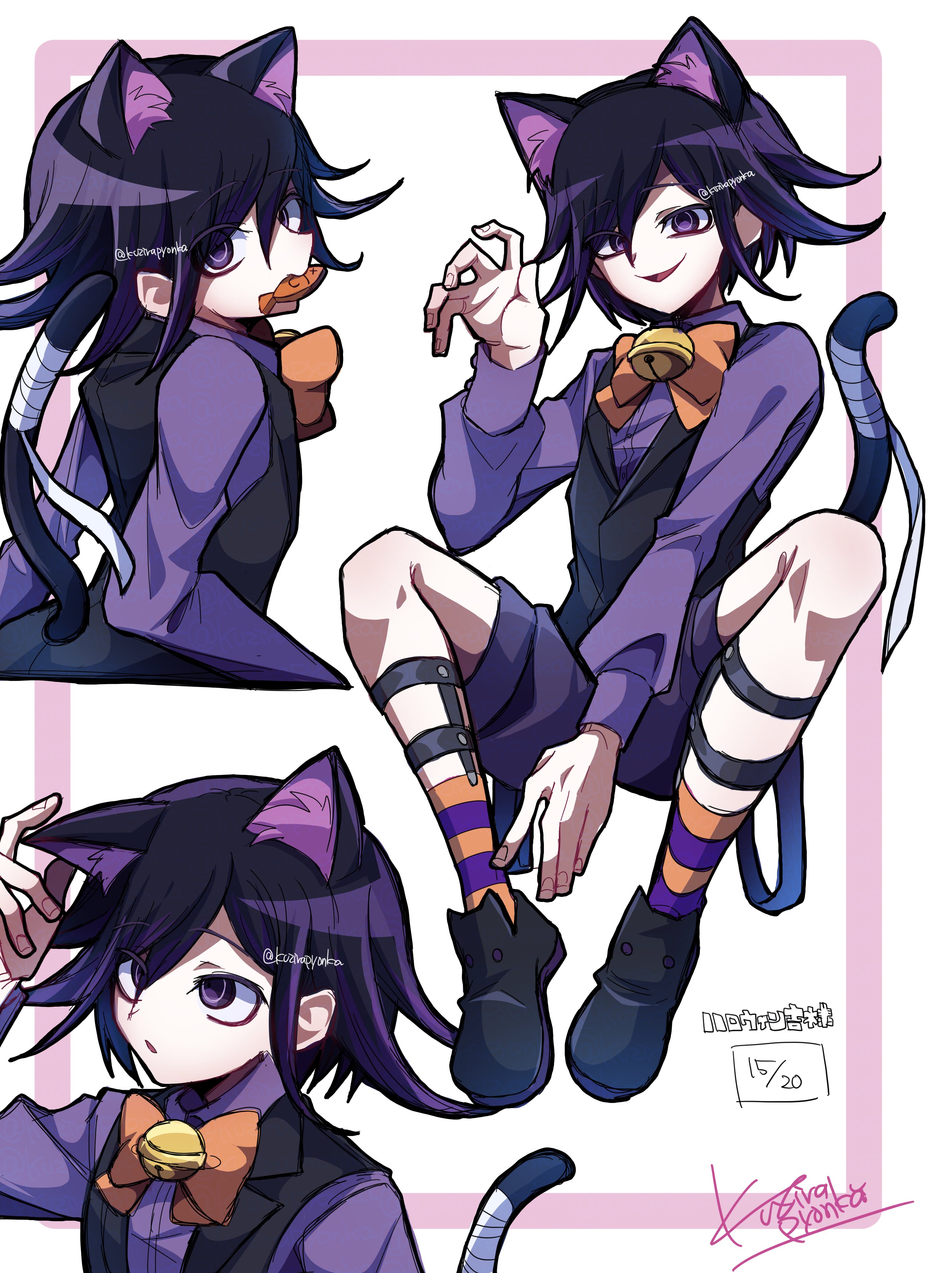 kujira pyon ka, oma kokichi, danganronpa (series), danganronpa v3: killing harmony, absurdres, highres, translation request, 1boy, animal ears, bandaged tail, black hair, black shoes, black vest, cat boy, cat ears, cat tail, food, hair between eyes, long sleeves, looking at viewer, male focus, multicolored hair, pink eyes, pink shirt, purple shorts, shirt, shoes, short hair, shorts, smile, tail, two-tone hair, vest, white background