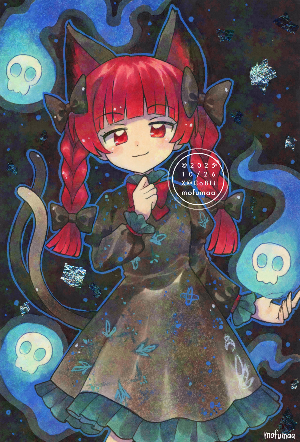 maa (forsythia1729), kaenbyou rin, touhou, commentary, hashtag-only commentary, highres, traditional media, 1girl, :3, animal ears, artist name, black bow, black dress, blush, bow, bowtie, braid, cat ears, cat tail, closed mouth, dress, extra ears, fire, flaming skull, floating skull, hair bow, long hair, long sleeves, looking at viewer, multiple hair bows, multiple tails, nekomata, red bow, red bowtie, red eyes, red hair, skull, smile, solo, tail, twin braids, twitter username, two tails, watermark