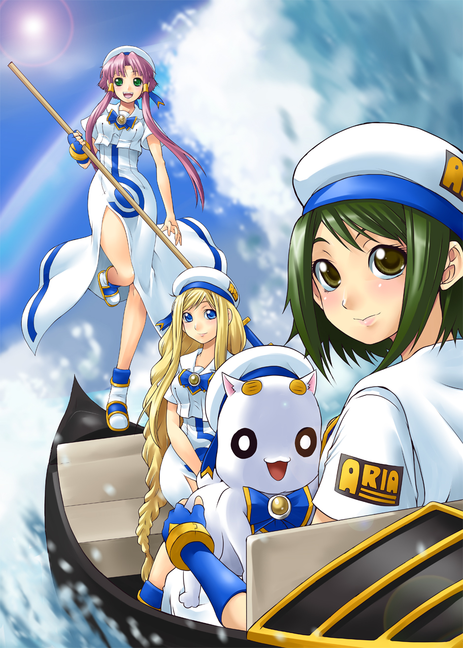 yaso shigeru, aino ai, alicia florence, aria pokoteng, mizunashi akari, aria (manga), highres, 00s, 3girls, aria company uniform, beret, blonde hair, blouse, blue eyes, braid, brown eyes, cat, green eyes, green hair, hat, long hair, multiple girls, pink hair, shirt, short hair, short hair with long locks, twintails, water, white shirt
