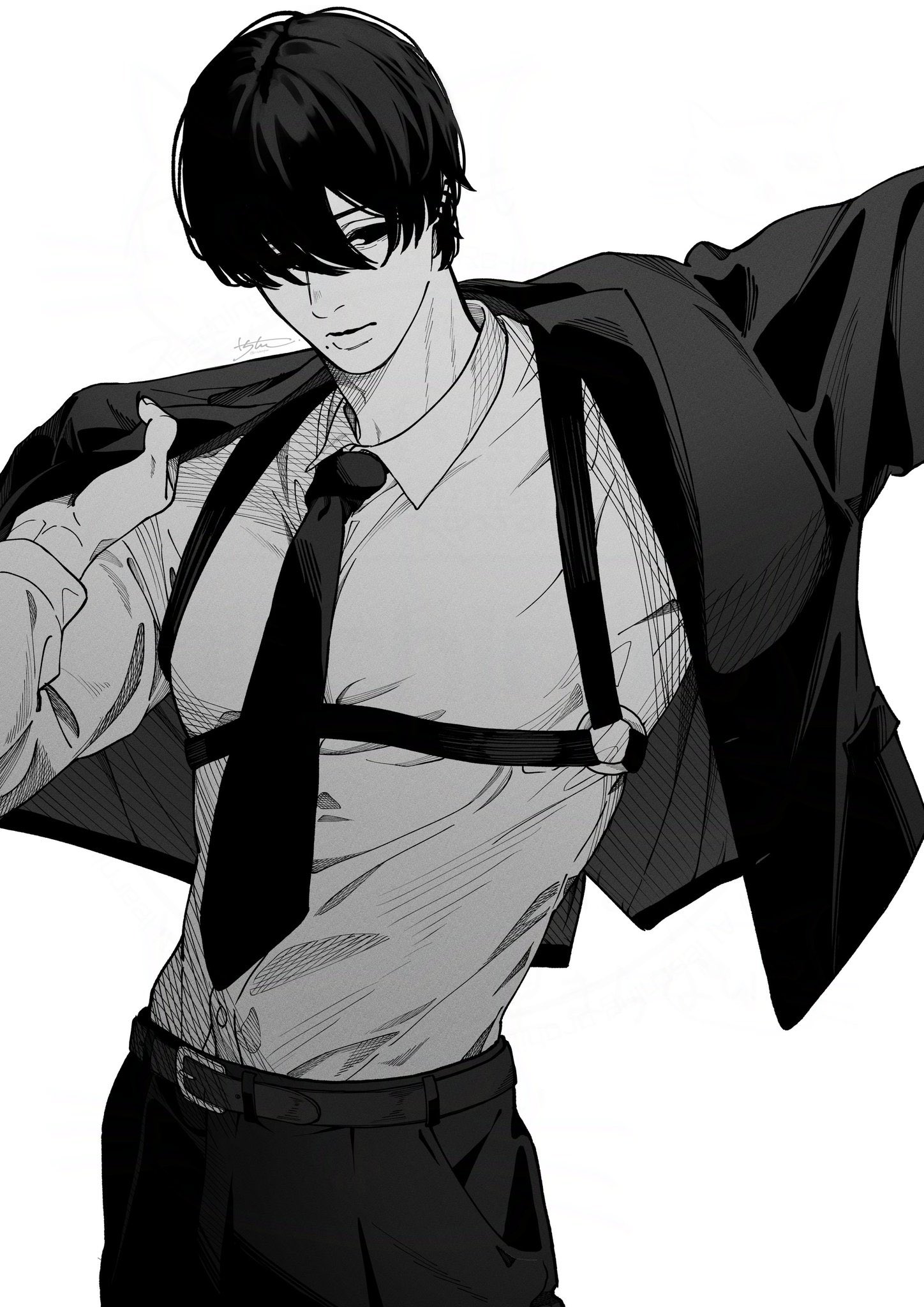 iichinpo, yoshida hirofumi, chainsaw man, highres, 1boy, belt, chest strap, collared shirt, dressing, ear piercing, greyscale, jacket, male focus, mole, mole under mouth, monochrome, multiple piercings, necktie, o-ring, pants, piercing, shirt, short hair, signature, simple background, solo, suit jacket, white background