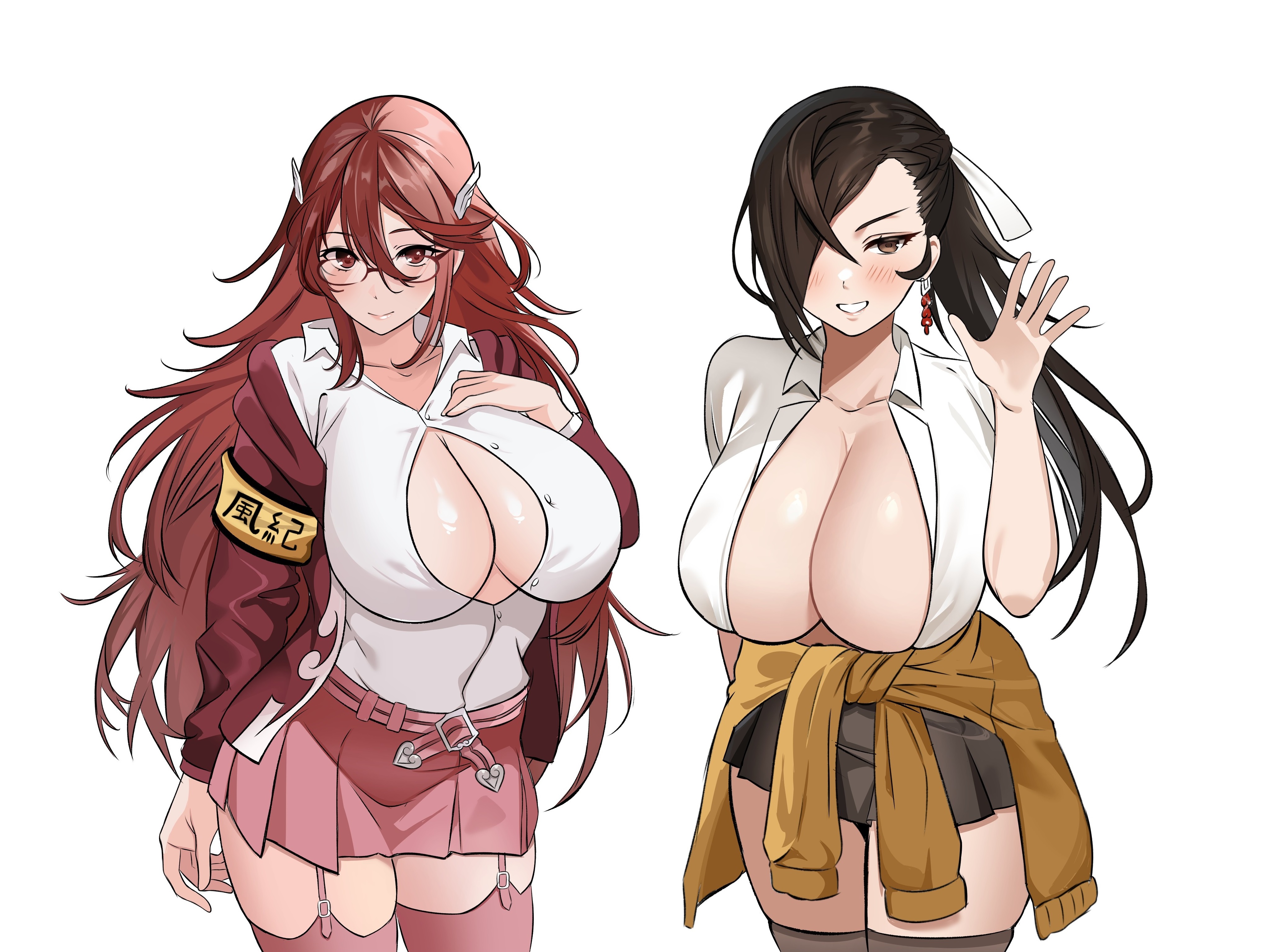 zuyu (zuyuzuyu6), cordelia (fire emblem), kagero (fire emblem), fire emblem, fire emblem fates, nintendo, absurdres, commission, highres, 2girls, adapted costume, alternate costume, armband, breasts, brown eyes, brown hair, cleavage, earrings, garter straps, grin, hand on own chest, huge breasts, jewelry, large breasts, long hair, multiple girls, partially unbuttoned, ponytail, red eyes, red hair, school uniform, skindentation, smile, thick thighs, thighs, unbuttoned, unbuttoned shirt, very long hair, waving arms, white background