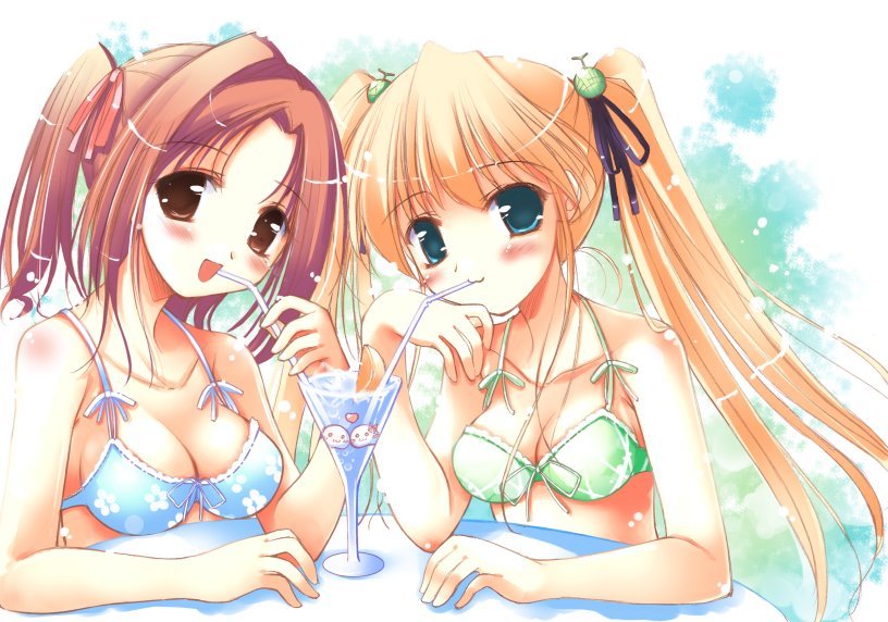 2girls, blonde hair, blush, breasts, brown eyes, brown hair, cleavage, green eyes, hair ribbon, multiple girls, ribbon, short hair, soda