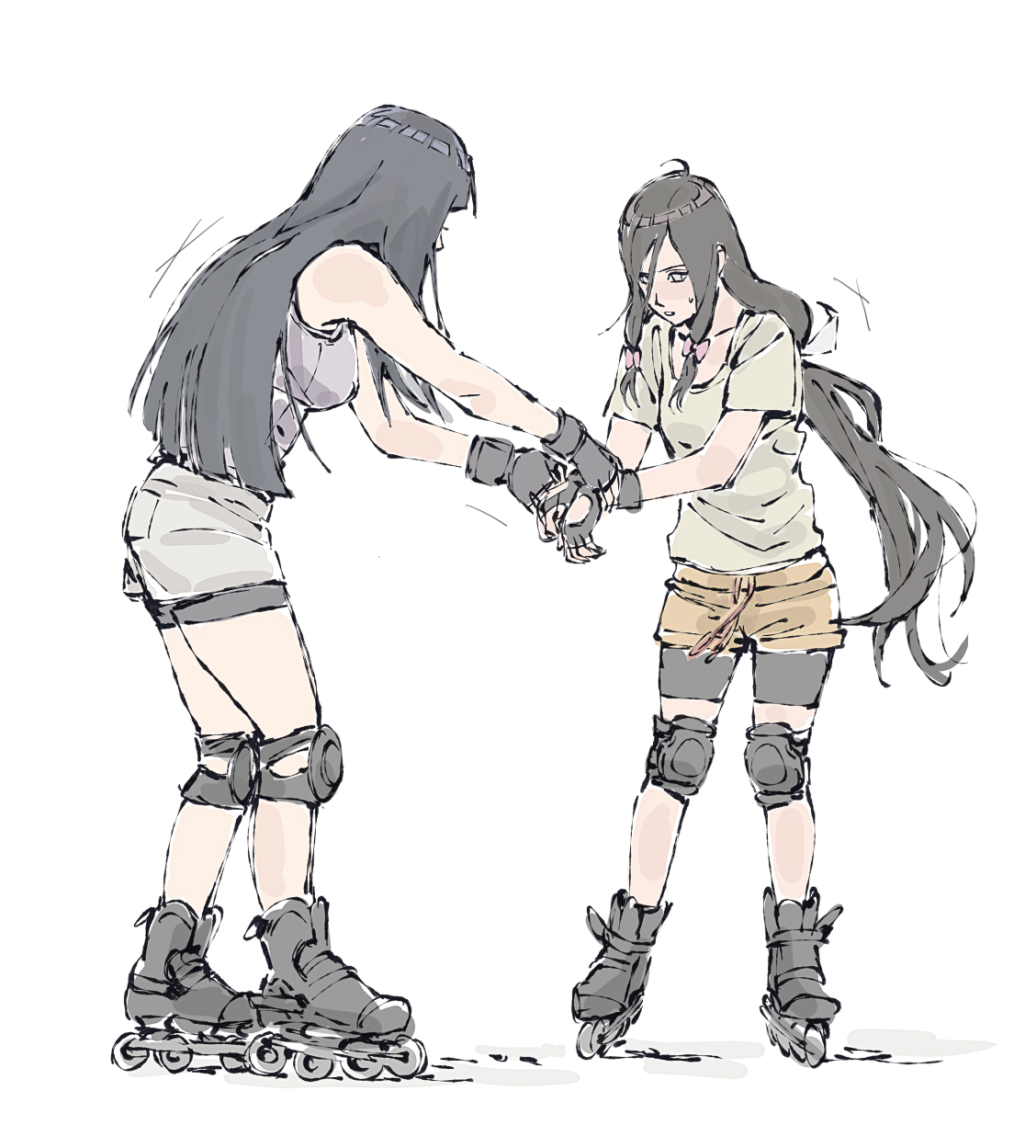 beerenfuchs, hyuuga hanabi, hyuuga hinata, naruto (series), highres, 2girls, bike shorts, bike shorts under shorts, black shoes, blunt bangs, blunt ends, bow, breasts, full body, grey eyes, grey shirt, hair between eyes, hair bow, hair tie, hime cut, holding hands, inline skates, knee pads, large breasts, long hair, low-tied long hair, medium breasts, multiple girls, parted lips, pink bow, ribbon, roller skates, shirt, shoes, short hair, shorts, siblings, sidelocks, sisters, skates, skating, sketch, sleeveless, sleeveless shirt, sweatdrop, white background, white ribbon, white shirt, white shorts, yellow shorts