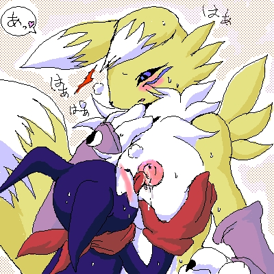 impmon, renamon, digimon, digimon tamers, lowres, 1boy, 1girl, blue eyes, blush, breasts, claws, digimon (creature), fox, furry, gloves, grabbing another's breast, groping, hetero, huge breasts, large breasts, licking, licking nipple, monster, monster boy, monster girl, nipple stimulation, nipples, scarf, tail