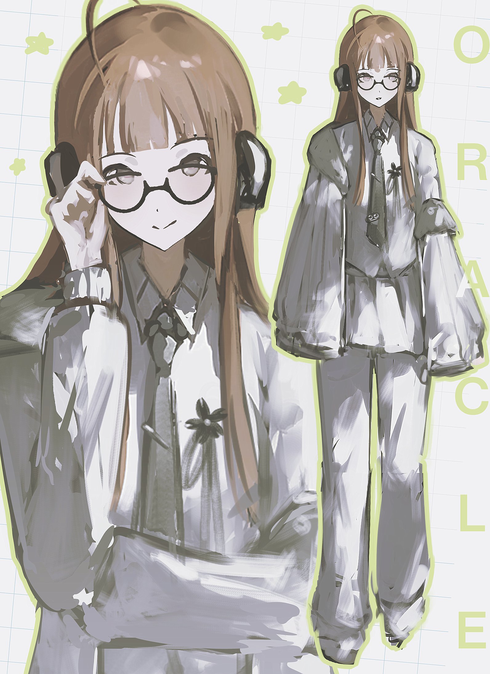 k1kiwa, sakura futaba, persona, persona 5, commentary request, highres, 1girl, ahoge, alternate costume, black-framed eyewear, black necktie, blunt bangs, brown eyes, character name, closed mouth, full body, glasses, green outline, grid background, long hair, long sleeves, looking at viewer, multiple views, necktie, orange hair, outline, pants, shirt, sidelocks, smile, star (symbol), upper body, white background, white pants, white shirt, wing collar
