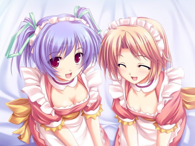 tenmaso, kouzuka minami, minami ayane, minami kara no tegami, 2girls, blonde hair, blush, breasts, cleavage, hair ribbon, happy, kneeling, maid, minami karano tegami, multiple girls, purple hair, red eyes, ribbon, short hair