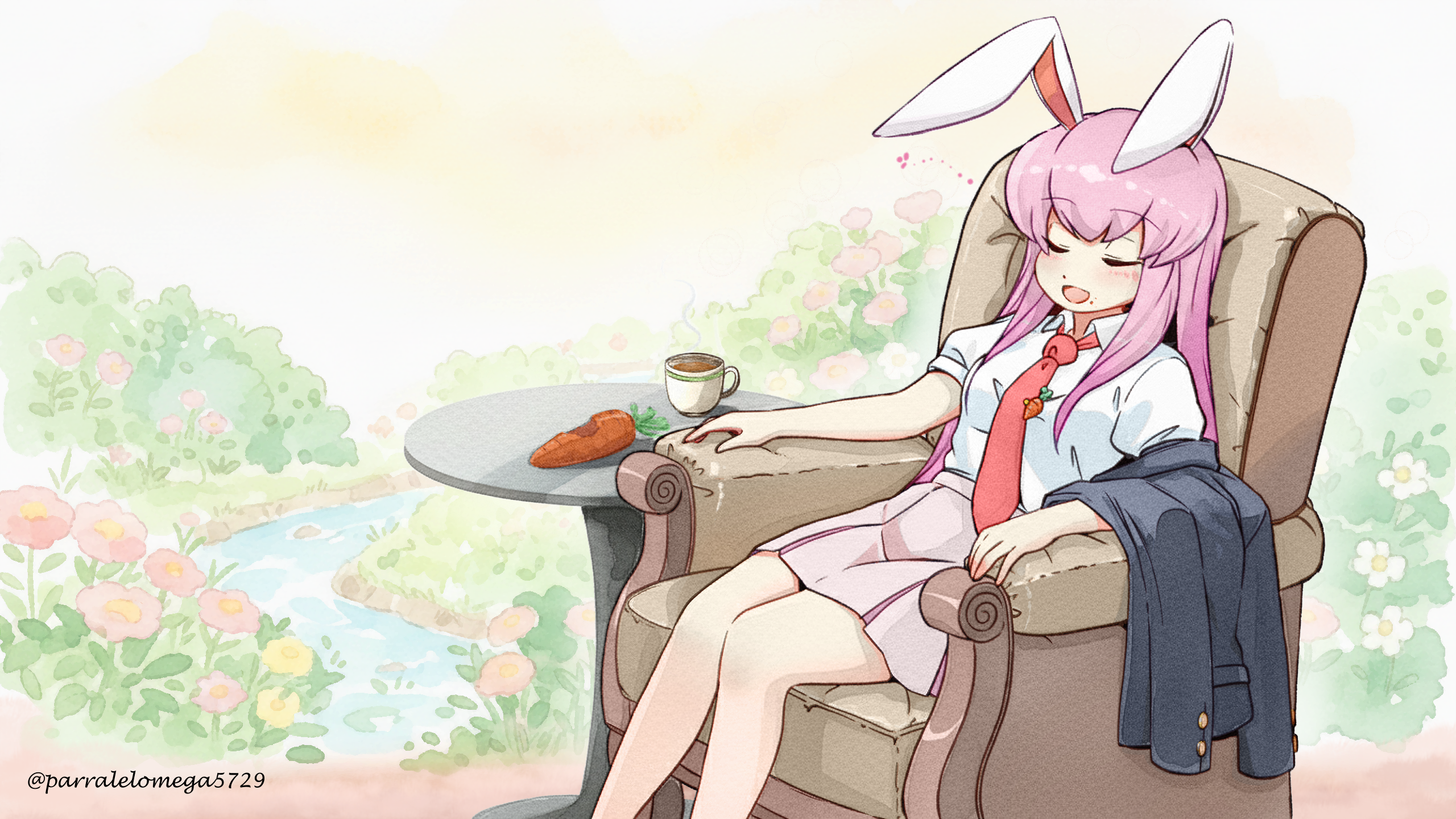 mirae somang, reisen udongein inaba, touhou, bilingual commentary, commentary, english commentary, highres, korean commentary, mixed-language commentary, 1girl, animal ears, blush, carrot, carrot pin, closed eyes, collared shirt, couch, cup, feet out of frame, flower, jacket, long hair, necktie, on couch, open mouth, pink flower, pink hair, pink skirt, pleated skirt, puffy short sleeves, puffy sleeves, rabbit ears, rabbit girl, red necktie, shirt, short sleeves, sitting, skirt, sleeping, smile, solo, stream, table, teacup, unworn jacket, very long hair, white shirt