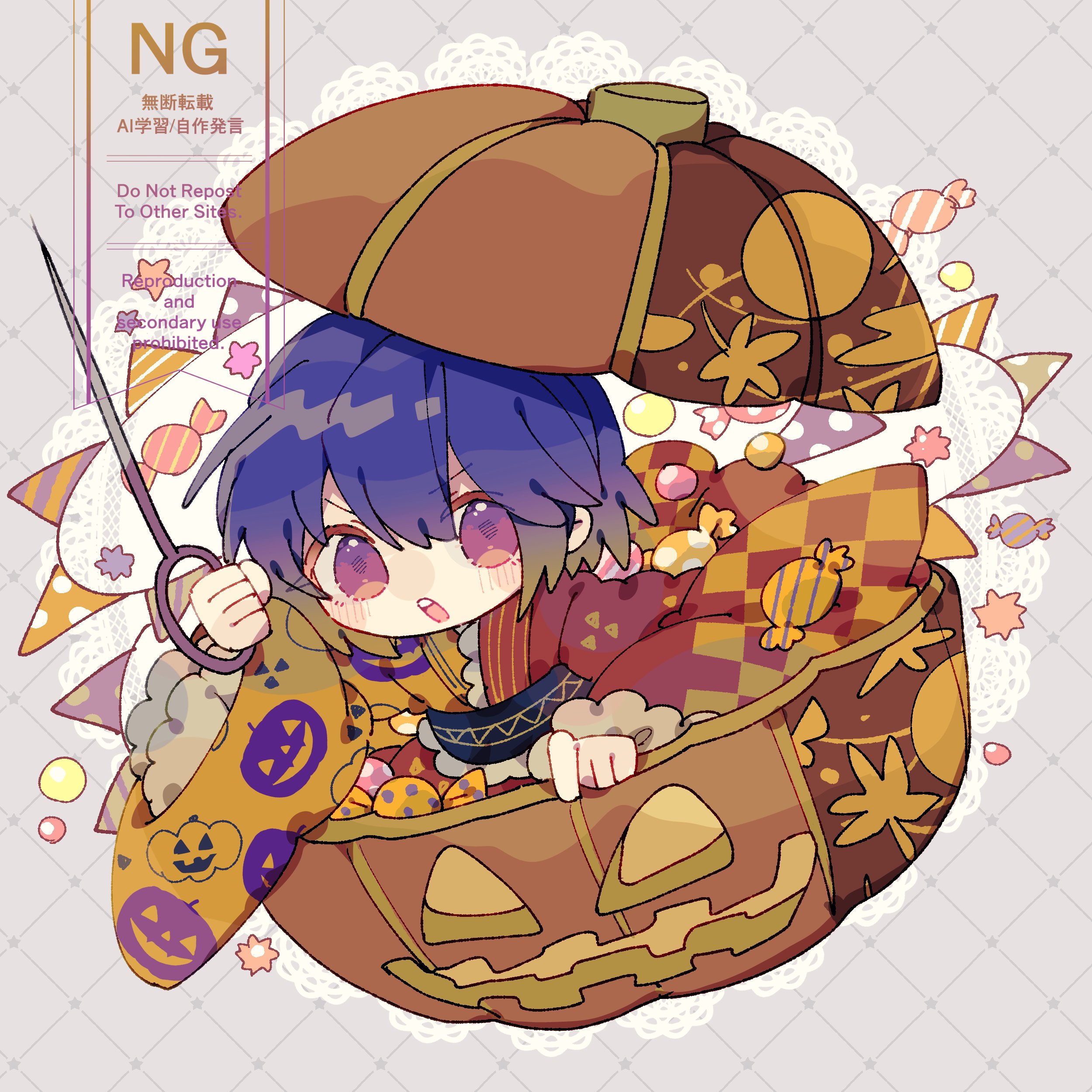 nikorashi-ka, sukuna shinmyoumaru, touhou, absurdres, commentary request, highres, 1girl, black sash, blue hair, blush, bowl, double-parted bangs, grey background, grid background, hair between eyes, halloween, holding, holding needle, japanese clothes, kimono, long sleeves, needle, obi, open mouth, pumpkin, red eyes, red kimono, sash, short hair, solo, teeth, upper teeth only, v-shaped eyebrows, watermark, wide sleeves