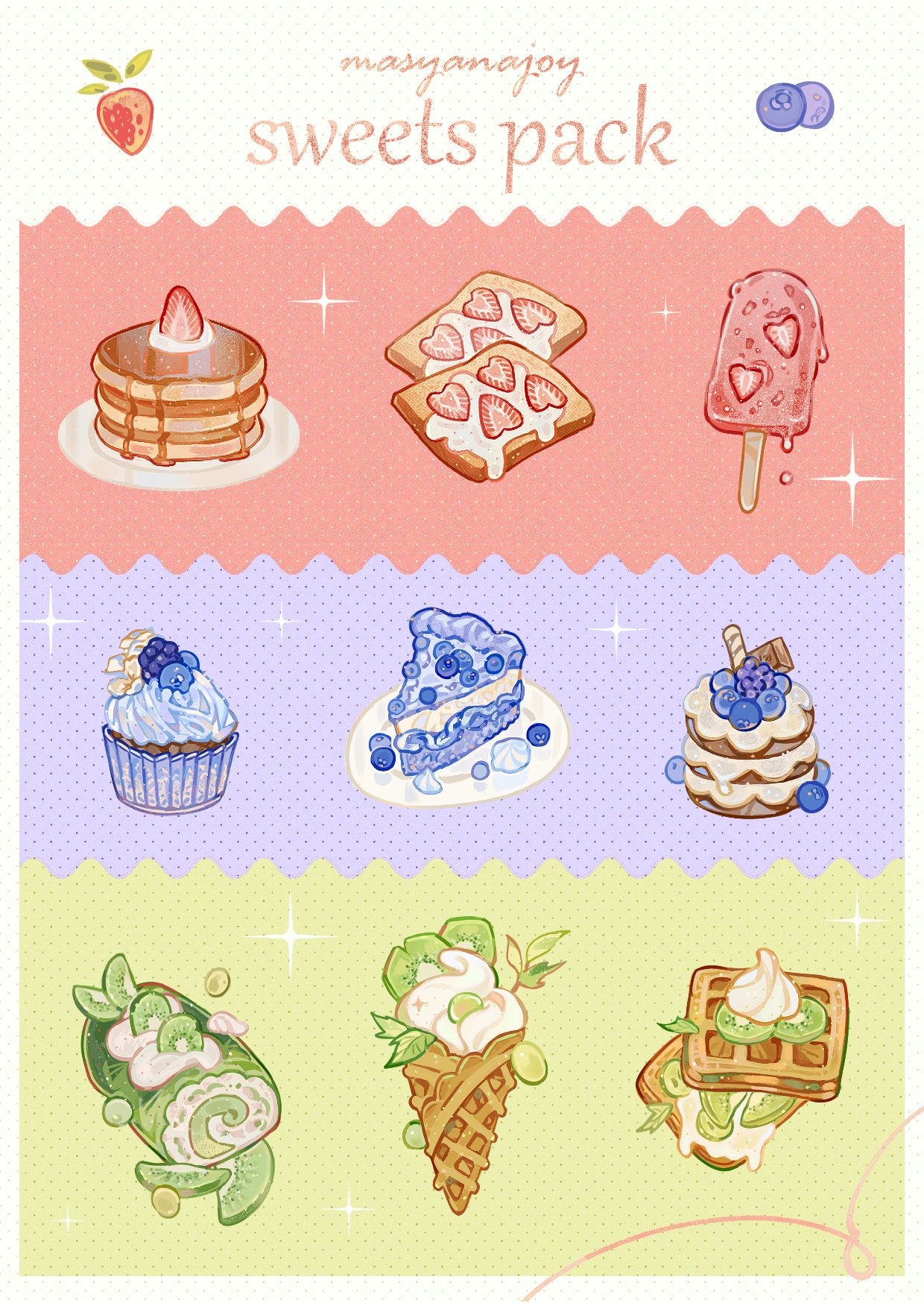 masyanajoy, original, highres, artist name, berry, blueberry, border, bread, bread slice, cake, cake slice, cookie, cream, cupcake, dessert, dripping, english text, food, food focus, fruit, grapes, ice cream, ice cream cone, icing, kiwi (fruit), kiwi slice, leaf, maple syrup, no humans, pancake, pancake stack, pastel colors, plate, polka dot, polka dot background, popsicle, sparkle, strawberry, strawberry slice, swiss roll, syrup, toast, triadic colors, waffle, waffle cone, whipped cream, white border