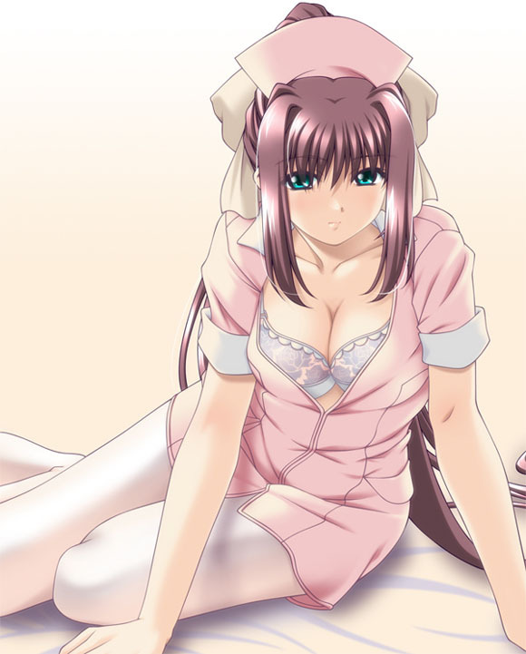 nanase ren, yakin byoutou, 00s, blush, bow, bra, breasts, cleavage, green eyes, hair bow, lingerie, long hair, nurse, sitting, thighhighs, underwear