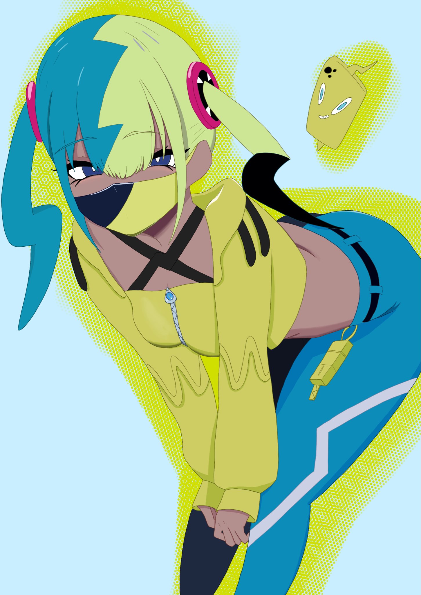 s0dvuyvh8w34855, canari (pokemon), rotom, rotom phone, nintendo, pokemon, pokemon legends: z-a, highres, 1girl, aqua hair, ass, bandeau, bent over, black mask, blonde hair, blue eyes, breasts, center-flap bangs, criss-cross straps, dark-skinned female, dark skin, gen 4 pokemon, hands on own knees, jacket, mask, medium breasts, mouth mask, multicolored hair, pants, short twintails, split-color hair, twintails, two-tone mask, two-tone pants, yellow bandeau, yellow jacket, yellow mask
