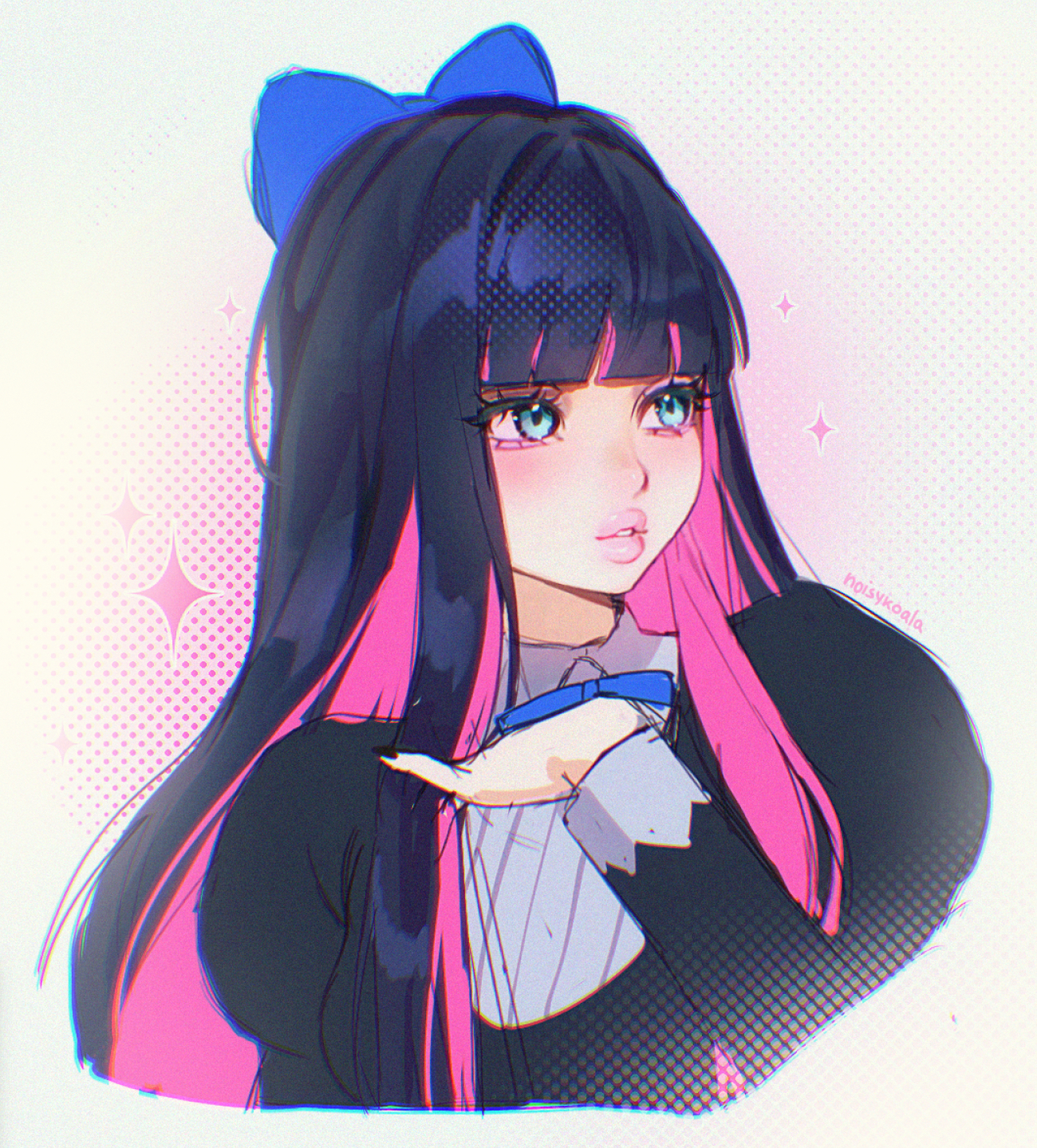 noisykoala, stocking (psg), panty & stocking with garterbelt, highres, 1girl, aegyo sal, aqua eyes, artist name, black hair, black shirt, blue bow, blue bowtie, blunt bangs, bow, bowtie, chromatic aberration, collar, colored inner hair, cropped arm, cropped torso, eyelashes, film grain, four-pointed star, hair bow, halftone, hand on own chest, juliet sleeves, long sleeves, looking to the side, multicolored hair, parted lips, pink bow, pink streaks, puffy sleeves, shirt, sketch, straight hair, teeth, thick lips, white background, white collar