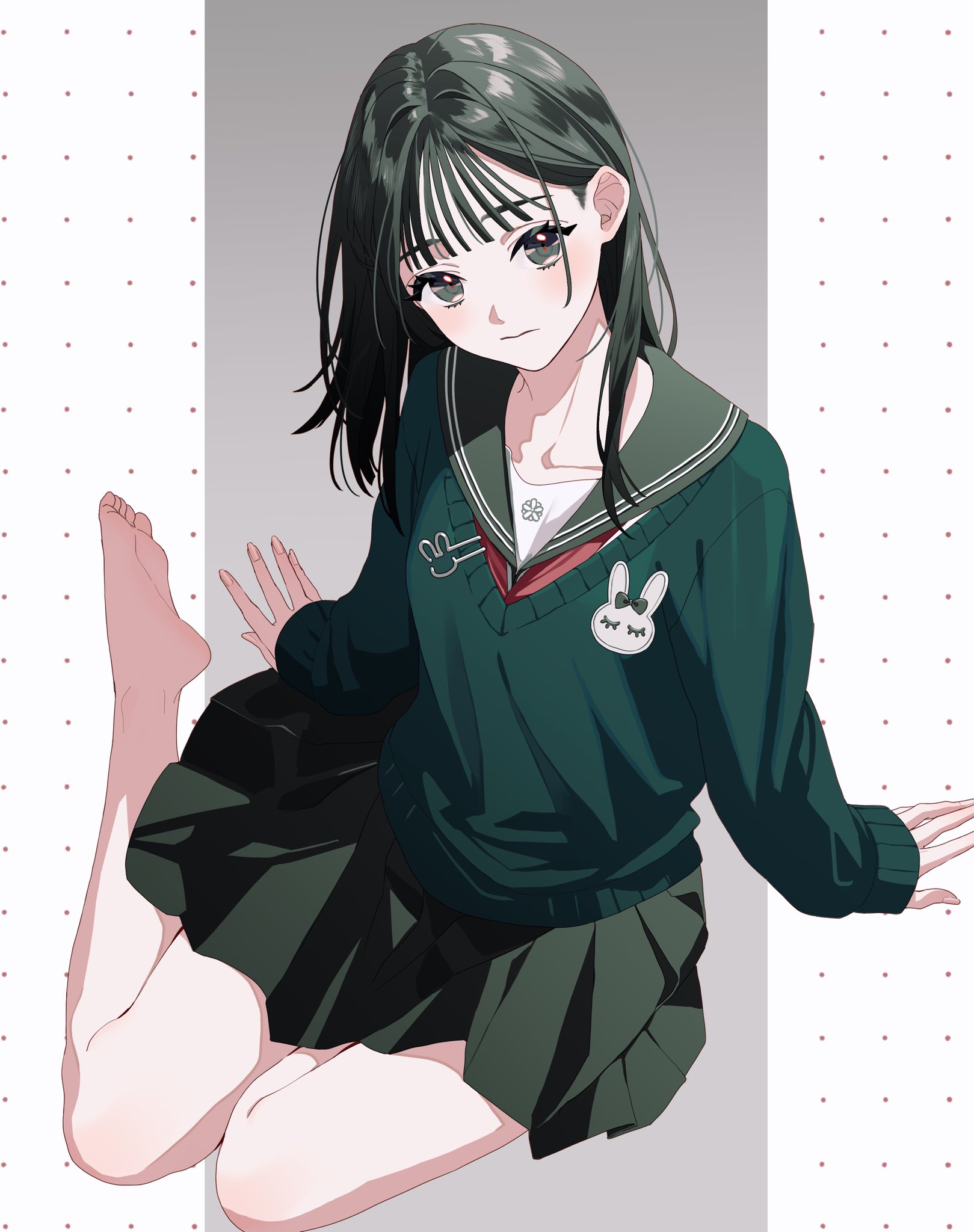uryoko, original, commentary request, highres, 1girl, barefoot, blush, choppy bangs, closed mouth, collarbone, fingernails, green eyes, green hair, green sailor collar, green skirt, green sweater, hair behind ear, head tilt, long hair, long sleeves, looking at viewer, miniskirt, neckerchief, parted hair, pleated skirt, rabbit, rabbit symbol, red neckerchief, sailor collar, school uniform, serafuku, simple background, sitting, skirt, soles, solo, straight hair, sweater, v-neck, yokozuwari