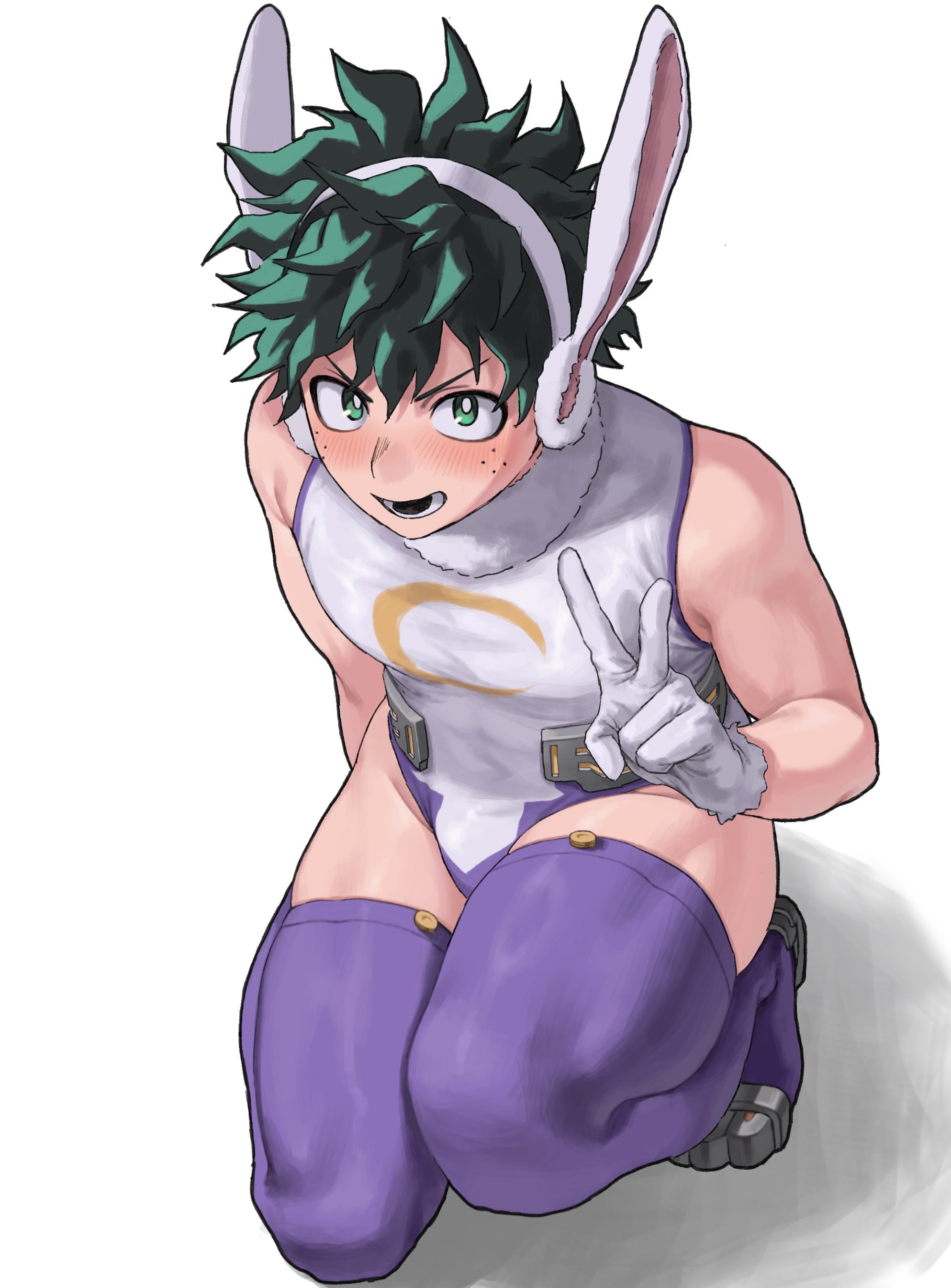 bh20647, midoriya izuku, mirko, boku no hero academia, absurdres, commentary request, highres, 1boy, animal ear fluff, animal ears, blush, cosplay, crescent print, crossdressing, crossdressing (mtf), embarrassed, fake animal ears, freckles, from above, fur collar, gloves, green eyes, green hair, heattech leotard, leotard, looking at viewer, lower teeth only, male focus, mirko (cosplay), open mouth, purple thighhighs, rabbit ears, short hair, simple background, sleeveless, sleeveless turtleneck, solo, squatting, superhero costume, taut leotard, teeth, thick thighs, thighhighs, thighs, turtleneck, v, white background, white gloves, white leotard