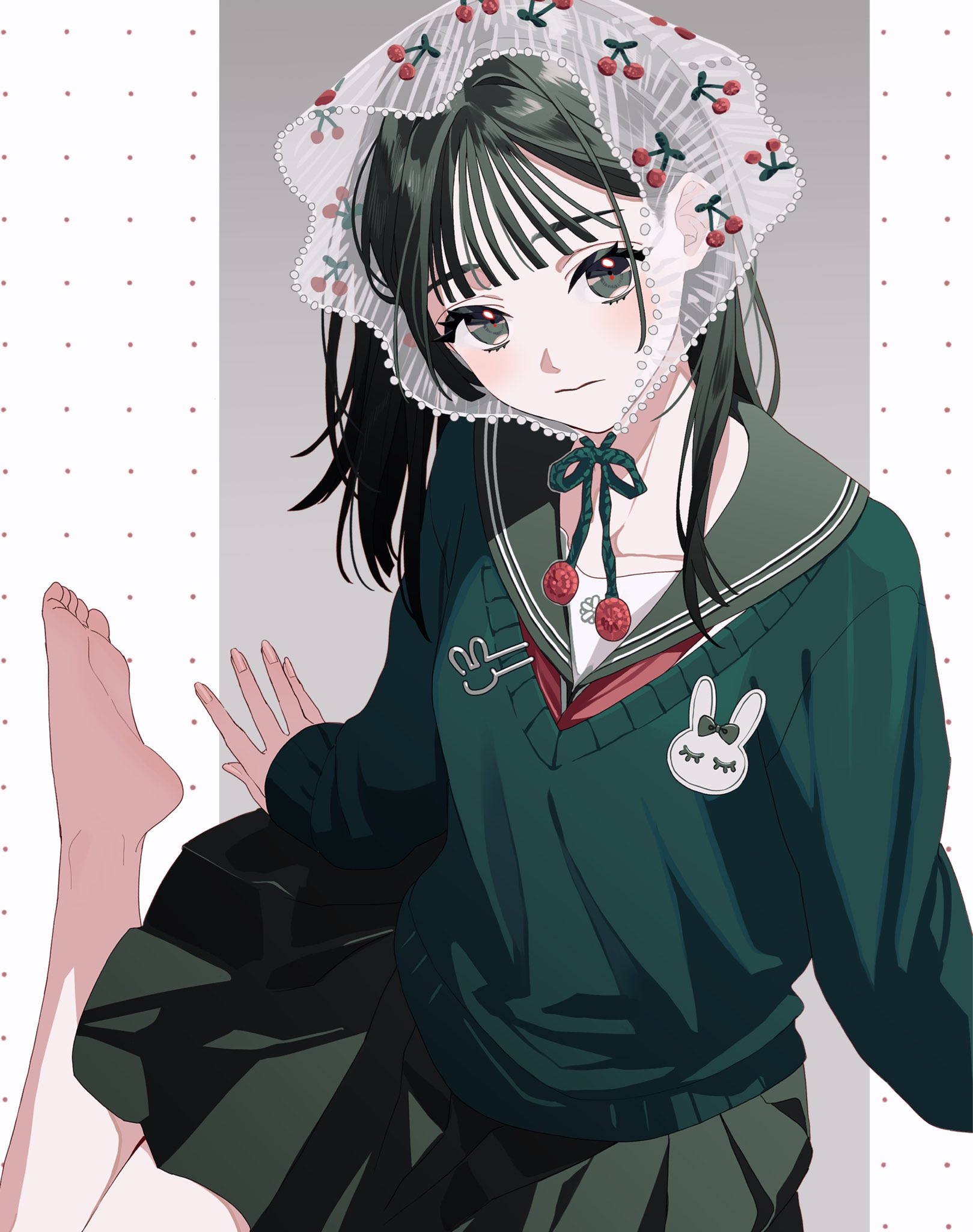 uryoko, original, commentary, highres, 1girl, barefoot, blush, bonnet, cherry, cherry print, choppy bangs, closed mouth, collarbone, fingernails, food, food print, fruit, fruit print, green eyes, green sailor collar, green skirt, green sweater, hair behind ear, head tilt, long hair, long sleeves, looking at viewer, neckerchief, pleated skirt, rabbit, red neckerchief, sailor collar, school uniform, see-through clothes, see-through headwear, serafuku, simple background, sitting, skirt, soles, solo, sweater, v-neck, yokozuwari