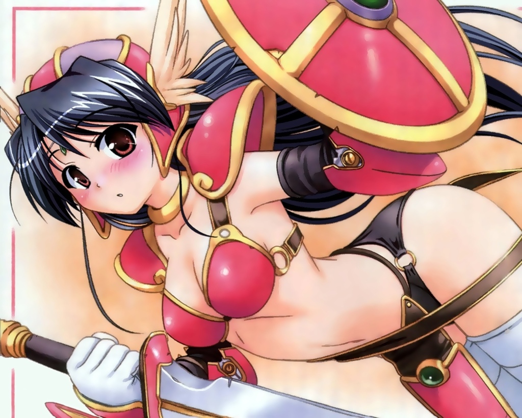 armor, bikini armor, black hair, blush, breasts, cleavage, helmet, long hair, shield, sword, thighhighs, warrior, weapon