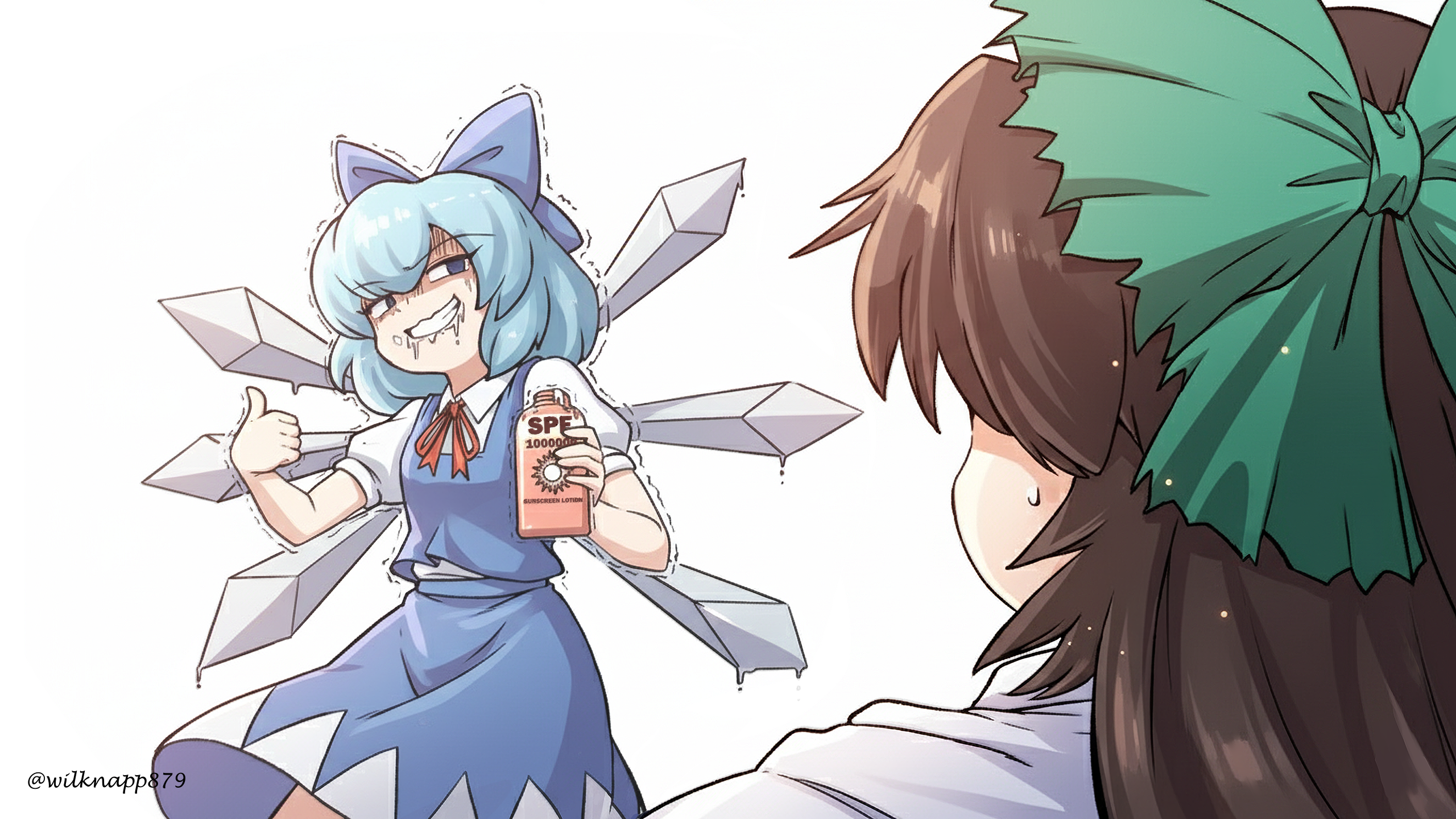 mirae somang, cirno, reiuji utsuho, touhou, bilingual commentary, commentary, english commentary, highres, korean commentary, mixed-language commentary, 2girls, blue bow, blue eyes, blue hair, blue skirt, blue vest, bow, brown hair, collared shirt, detached wings, green bow, grin, hair bow, ice, ice wings, lotion, multiple girls, neck ribbon, puffy short sleeves, puffy sleeves, red ribbon, ribbon, shirt, short sleeves, simple background, skirt, smile, sunscreen, sweatdrop, thumbs up, trembling, vest, white background, white shirt, wings