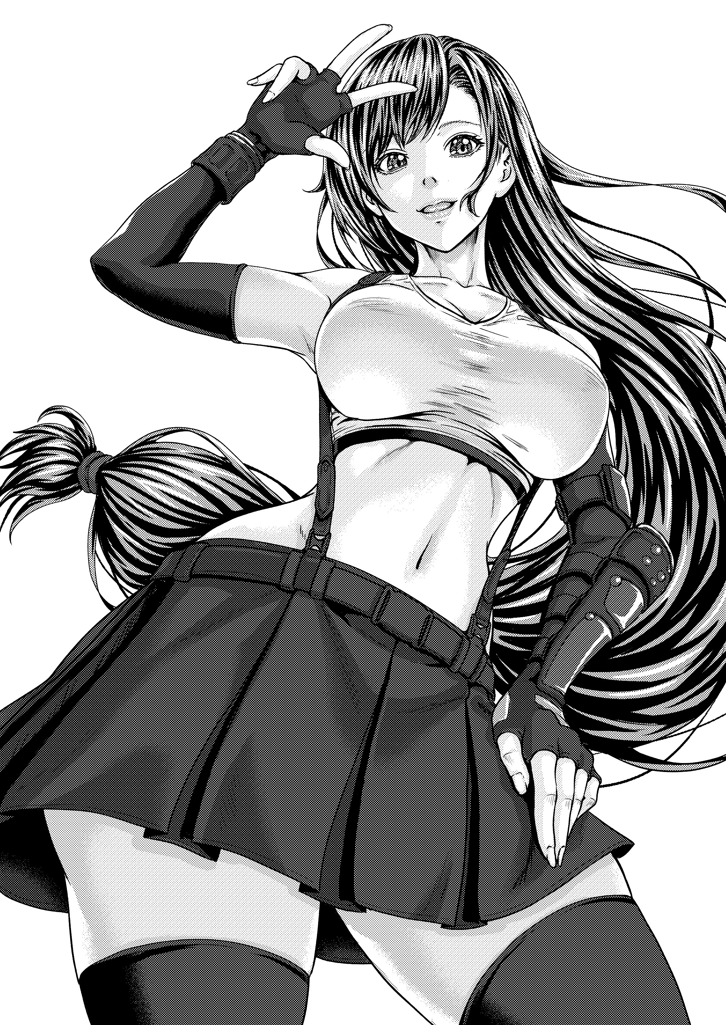 nito (mrrx5772), tifa lockhart, final fantasy, final fantasy vii, final fantasy vii remake, absurdres, highres, 1girl, bare shoulders, black bra, black hair, black skirt, black thighhighs, bra, breasts, cleavage, crop top, elbow gloves, elbow pads, fingerless gloves, gloves, greyscale, hand on own hip, large breasts, long hair, looking at viewer, low-tied long hair, midriff, monochrome, navel, parted lips, pleated skirt, screentones, shirt, single elbow pad, single vambrace, skindentation, skirt, sleeveless, sleeveless shirt, smile, solo, sports bra, suspenders, thighhighs, underwear, v, vambraces, white background, white shirt