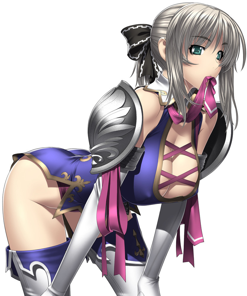 kansuke, cassandra alexandra, soul calibur, bow, breasts, cleavage, green eyes, grey hair, hair bow, long hair, mouth hold, thighhighs
