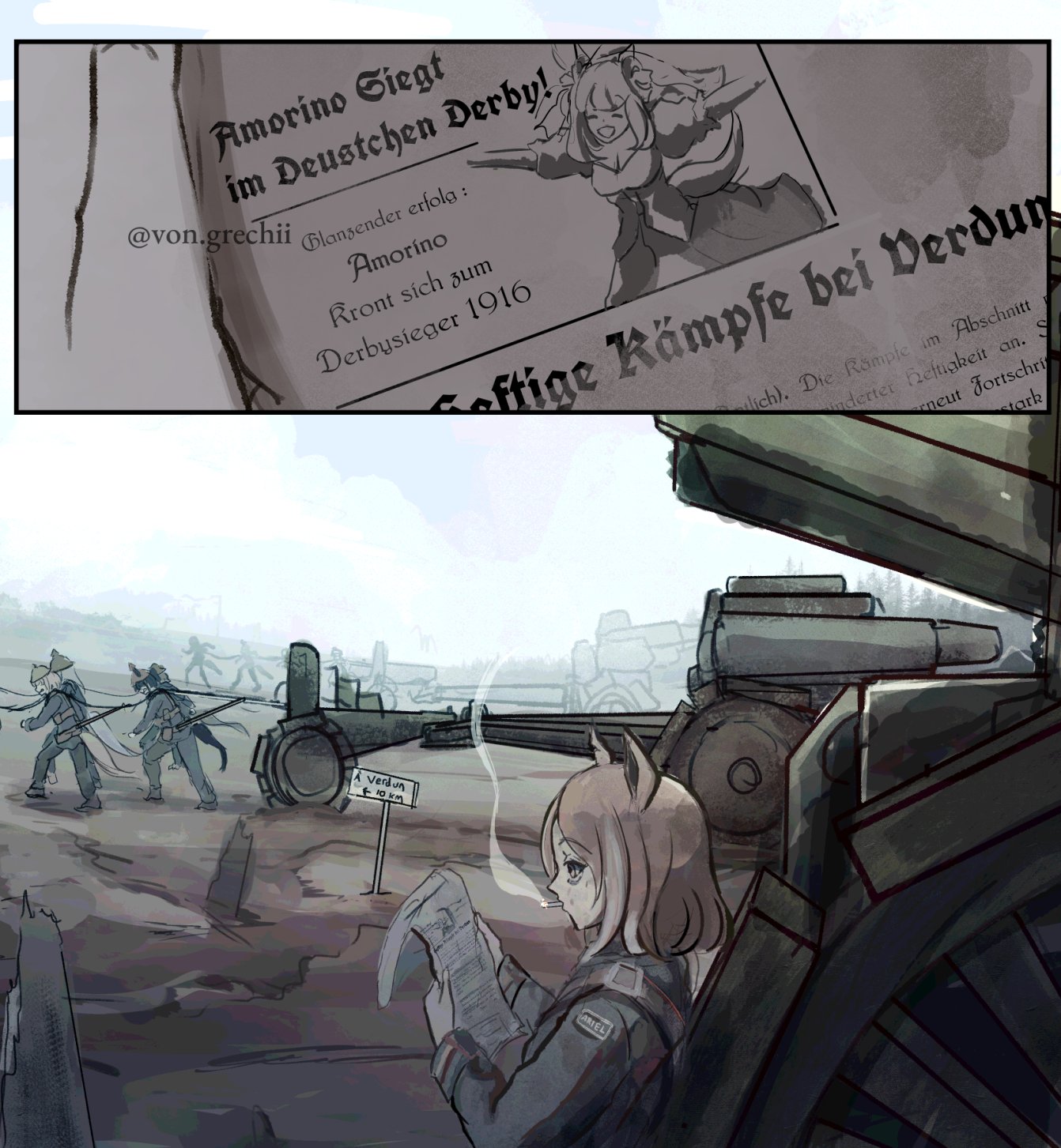 von grechii, original, real life, umamusume, highres, 5girls, animal ears, artillery, cannon, cigarette, combat helmet, grey jacket, grey pants, helmet, holding, holding newspaper, horse ears, horse girl, horse tail, jacket, military uniform, multiple girls, newspaper, open mouth, pants, pulling, rope, sign, smile, smoke, smoking, tail, twitter username, world war i