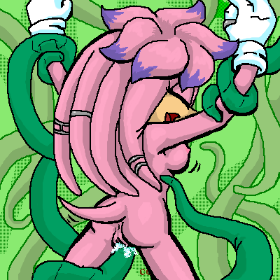 julie-su, sonic (series), artist request, lowres, source request, 1girl, anus, ass, breasts, closed eyes, from behind, furry, furry female, gloves, green background, jaggy lines, nipples, pink fur, pussy, restrained, tail, tentacle sex, tentacles, tickle torture, tickling, uncensored