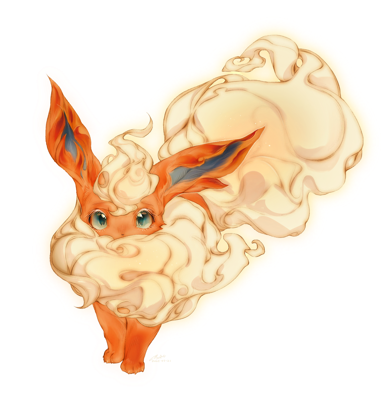 diyouyou, flareon, nintendo, pokemon, commentary request, highres, fluffy, full body, gen 1 pokemon, green eyes, looking at viewer, no humans, pokemon (creature), pokemon focus, solo, standing, white background