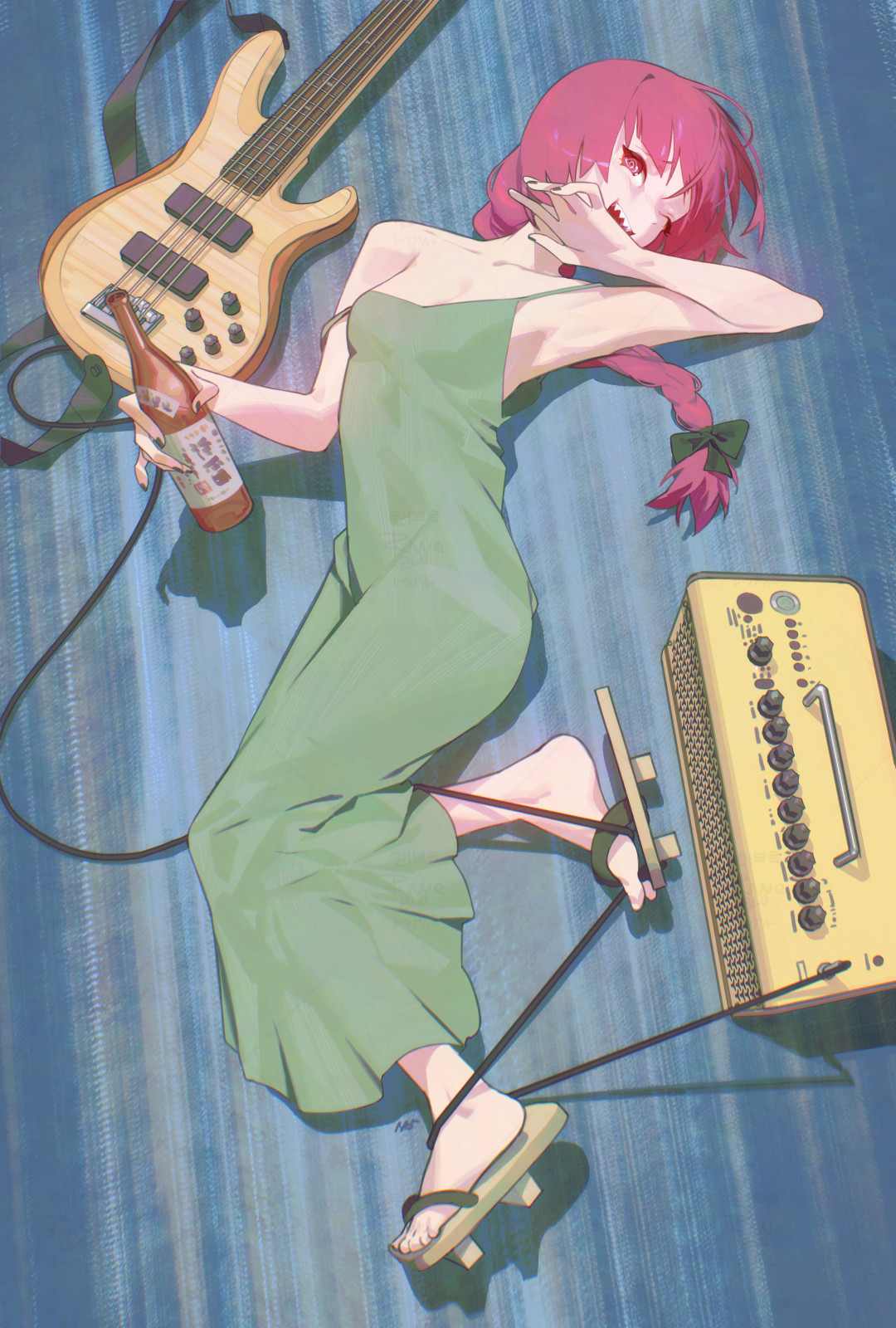 raneblu, hiroi kikuri, bocchi the rock!, commentary, english commentary, highres, paid reward available, 1girl, @ @, amplifier, armpits, bass guitar, black nails, bottle, braid, braided ponytail, breasts, cable, cleavage, collarbone, dress, feet, full body, geta, green dress, holding, holding bottle, instrument, long dress, long hair, lying, medium breasts, one eye closed, open mouth, pink hair, ponytail, sake bottle, sandals, sharp teeth, single braid, sleeveless, sleeveless dress, solo, teeth, toes, wire, yamaha thr, yamaha trb