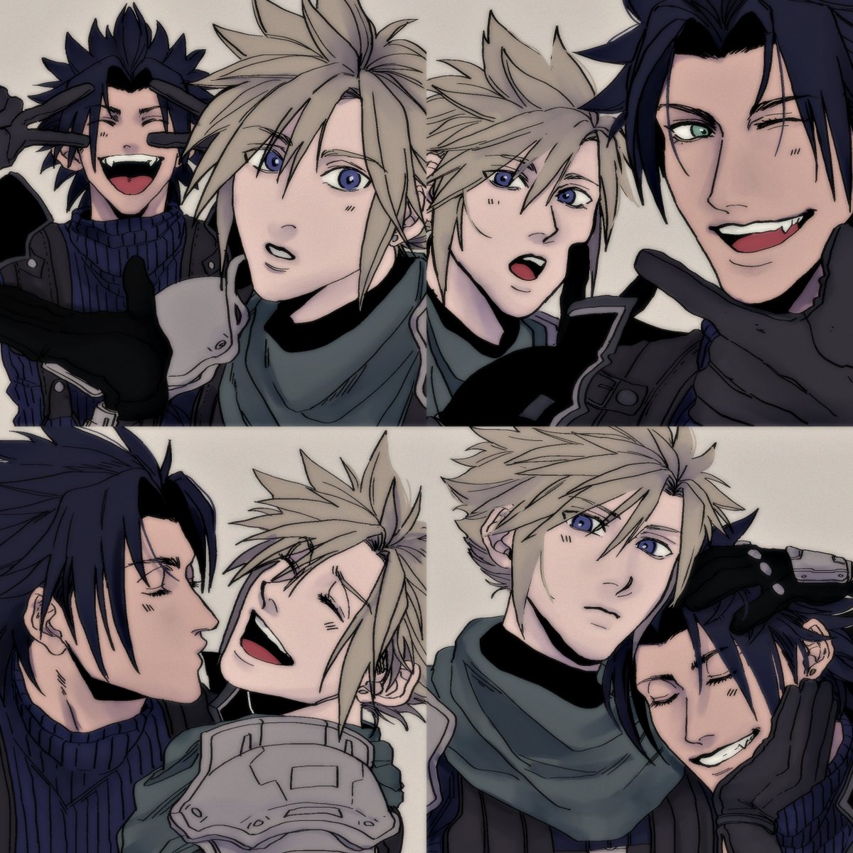 ht8207, cloud strife, zack fair, crisis core final fantasy vii, final fantasy, final fantasy vii, highres, 2boys, armor, black gloves, black hair, black shirt, blonde hair, blue eyes, blue shirt, closed eyes, double v, gloves, green scarf, grey background, hair between eyes, hand on another's head, light blush, male focus, multiple boys, multiple views, one eye closed, open mouth, parted bangs, pauldrons, scarf, shinra infantry uniform, shirt, shoulder armor, sleeveless, sleeveless turtleneck, spiked hair, turtleneck, upper body, v, yaoi