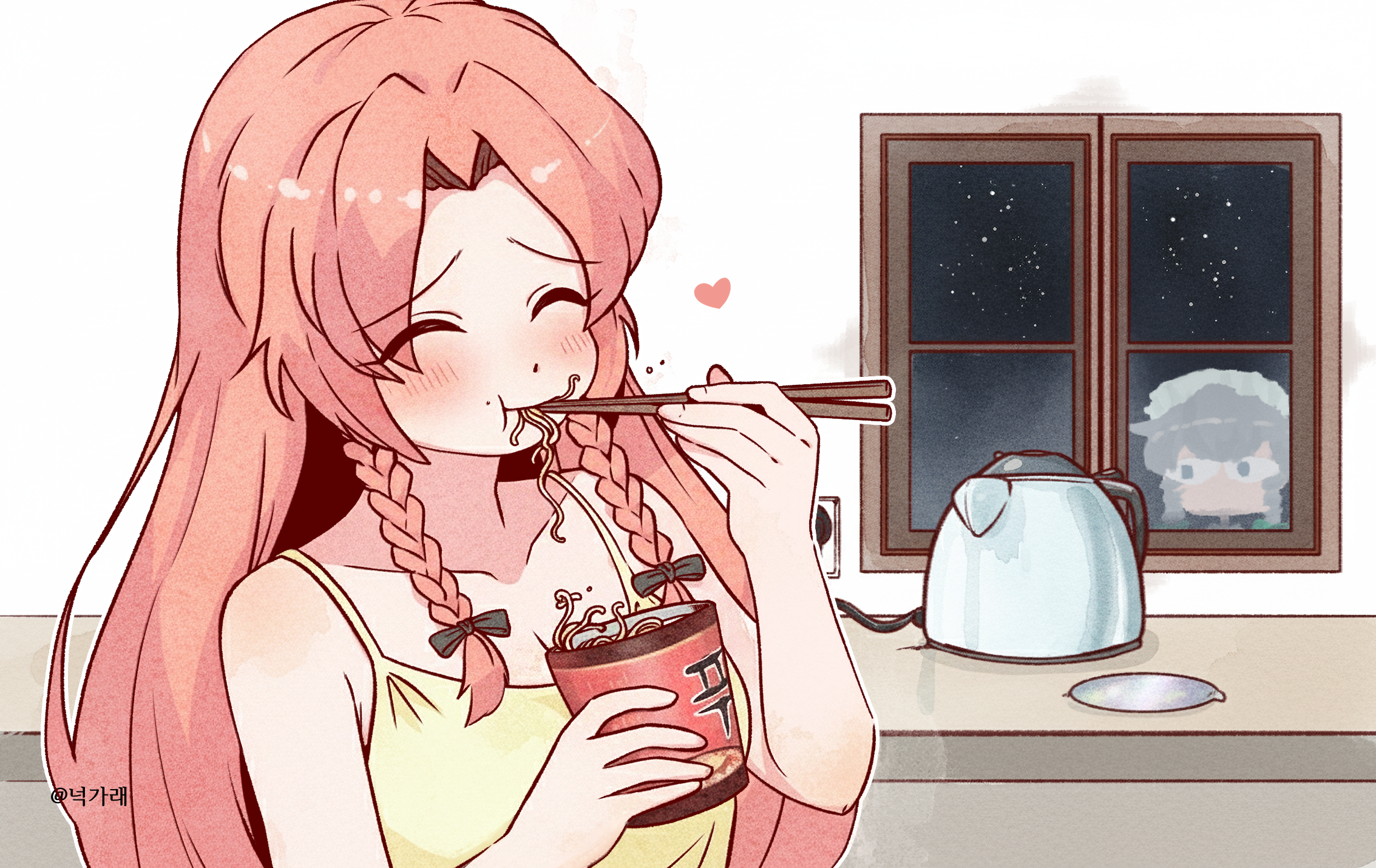 mirae somang, hong meiling, izayoi sakuya, touhou, bilingual commentary, commentary, english commentary, highres, korean commentary, mixed-language commentary, 2girls, alternate costume, black bow, blush, bow, braid, breasts, camisole, chopsticks, cleavage, closed eyes, collarbone, cup ramen, eating, electric kettle, food, grey hair, hair bow, happy, heart, holding, holding chopsticks, kettle, maid headdress, multiple girls, night, no headwear, noodles, red hair, star (sky), twin braids, window, yellow camisole