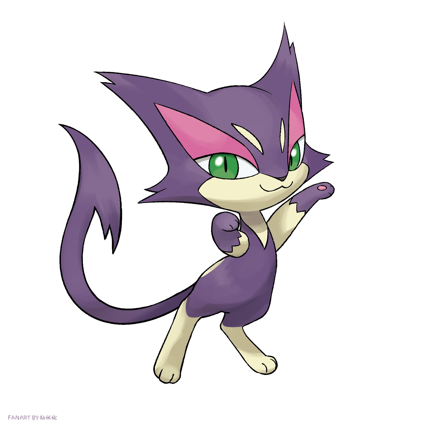 diyouyou, purrloin, nintendo, pokemon, highres, :3, closed mouth, gen 5 pokemon, green eyes, no humans, official style, pokemon (creature), pokemon focus, signature, simple background, smile, solo, standing, white background
