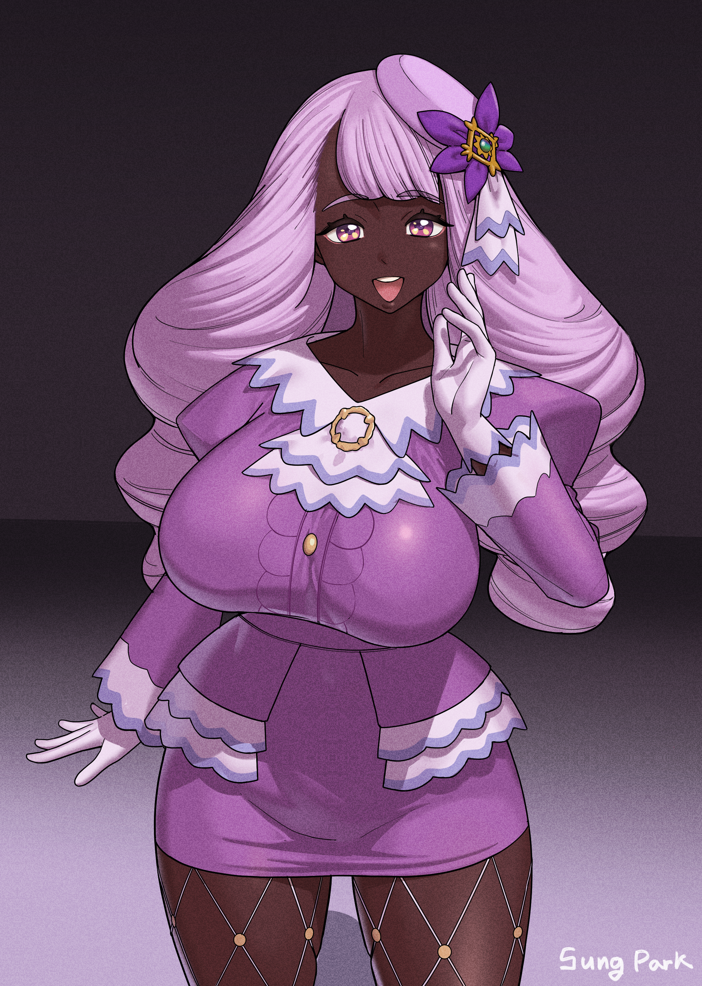 sungpark, jacinthe (pokemon), nintendo, pokemon, pokemon legends: z-a, absurdres, highres, :d, alternate breast size (larger), breasts, curvy, dark-skinned female, dark skin, drill hair, fishnet pantyhose, fishnets, gloves, hair ornament, large breasts, open mouth, pantyhose, pink hair, smile, solo, very dark skin, white gloves